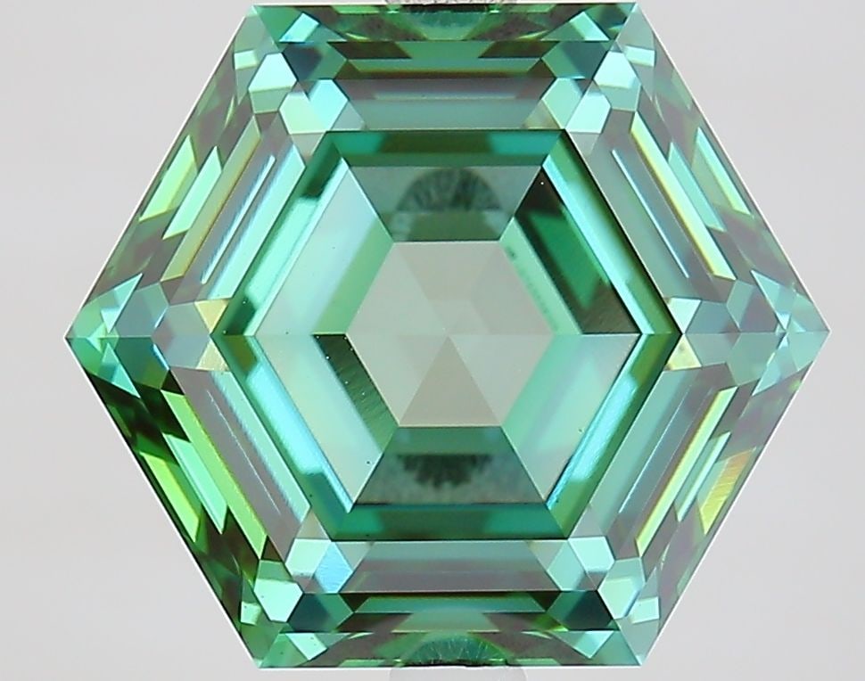 Loose Diamond - HEXAGONAL 6.3ct Fancy Vivid Green VVS2: Loose Diamond - HEXAGONAL 6.3ct Fancy Vivid Green VVS2 Source: This is a real non-mined Diamond that has been grown in a lab Shape: HEXAGONAL Carats: 6.3 Color: Fancy Vivid Green Certification: IGI Vi