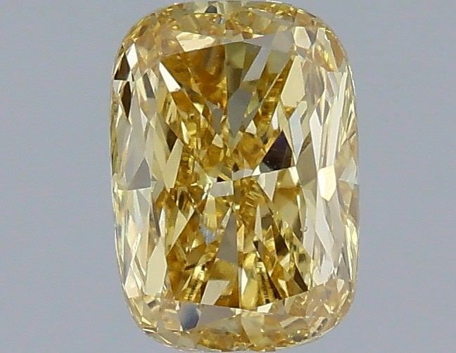 Loose Diamond - CUSHION MODIFIED 1.01ct Fancy Intense Yellow VS1: Loose Diamond - CUSHION MODIFIED 1.01ct Fancy Intense Yellow VS1 Source: This is a real non-mined Diamond that has been grown in a lab Shape: CUSHION MODIFIED Carats: 1.01 Color: Fancy Intense Yellow 