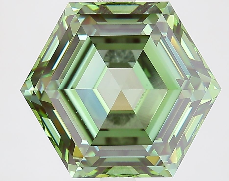 Loose Diamond - HEXAGONAL 5.1ct Fancy Vivid Green VVS2: Loose Diamond - HEXAGONAL 5.1ct Fancy Vivid Green VVS2 Source: This is a real non-mined Diamond that has been grown in a lab Shape: HEXAGONAL Carats: 5.1 Color: Fancy Vivid Green Certification: IGI Vi