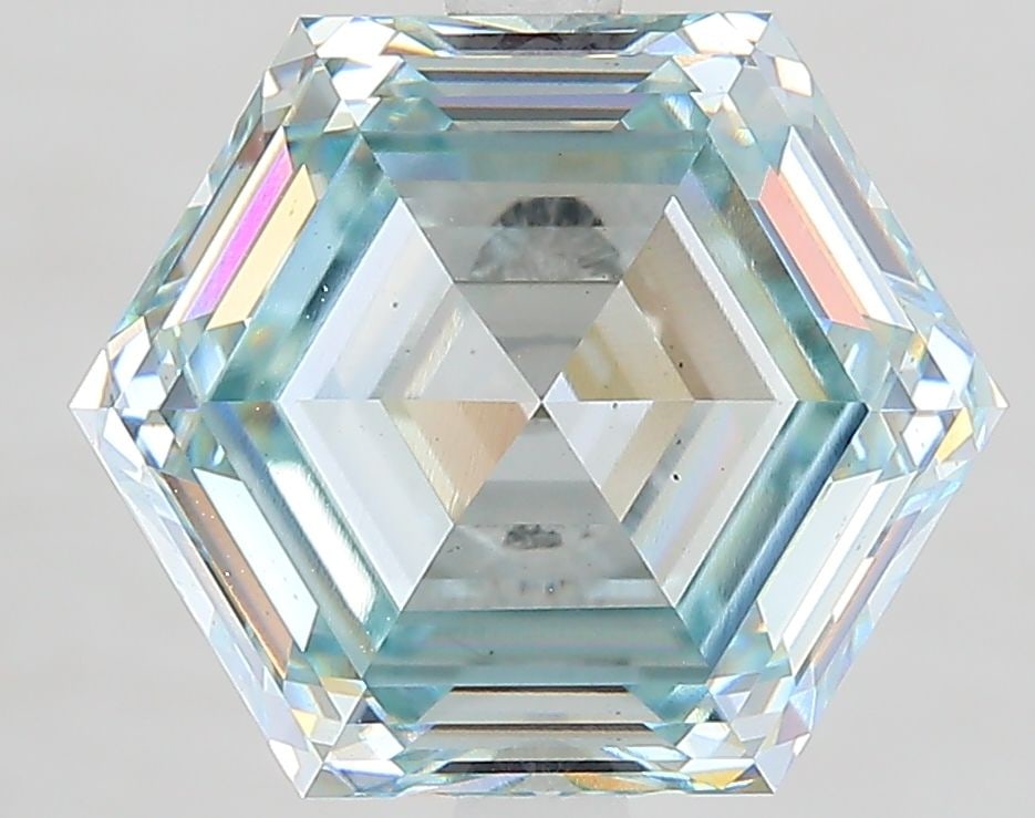 Loose Diamond - HEXAGONAL 4.9ct Fancy Light Blueish Green VS1: Loose Diamond - HEXAGONAL 4.9ct Fancy Light Blueish Green VS1 Source: This is a real non-mined Diamond that has been grown in a lab Shape: HEXAGONAL Carats: 4.9 Color: Fancy Light Blueish Green Certif