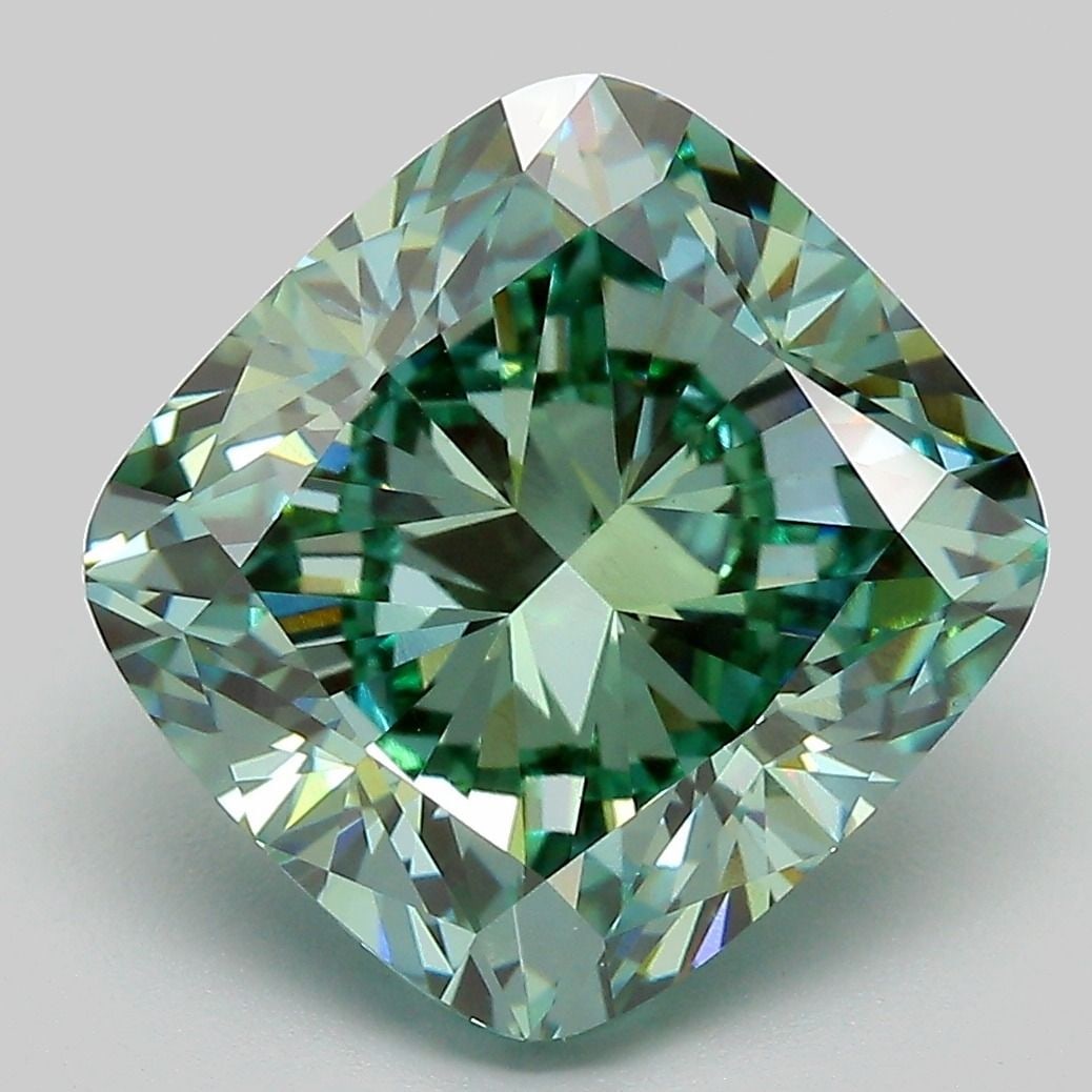 Loose Diamond - CUSHION MODIFIED 7.0ct Fancy Vivid Green VS1: Loose Diamond - CUSHION MODIFIED 7.0ct Fancy Vivid Green VS1 Source: This is a real non-mined Diamond that has been grown in a lab Shape: CUSHION MODIFIED Carats: 7.0 Color: Fancy Vivid Green Certific