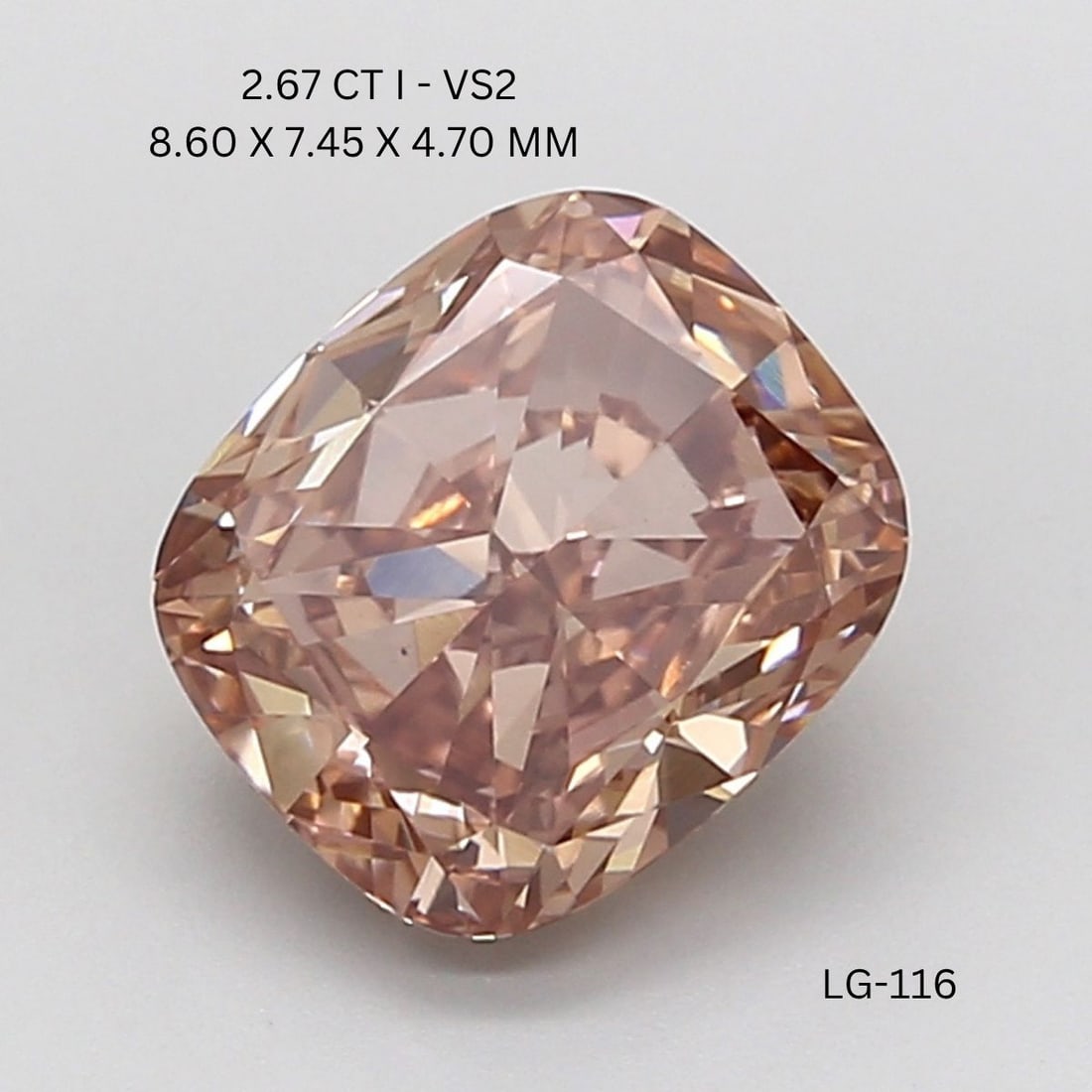 Loose Diamond - CUSHION BRILLIANT 2.67ct Brownish VS2: Loose Diamond - CUSHION BRILLIANT 2.67ct Brownish VS2 Source: This is a real non-mined Diamond that has been grown in a lab Shape: CUSHION BRILLIANT Carats: 2.67 Color: Brownish Certification: NONE Vi