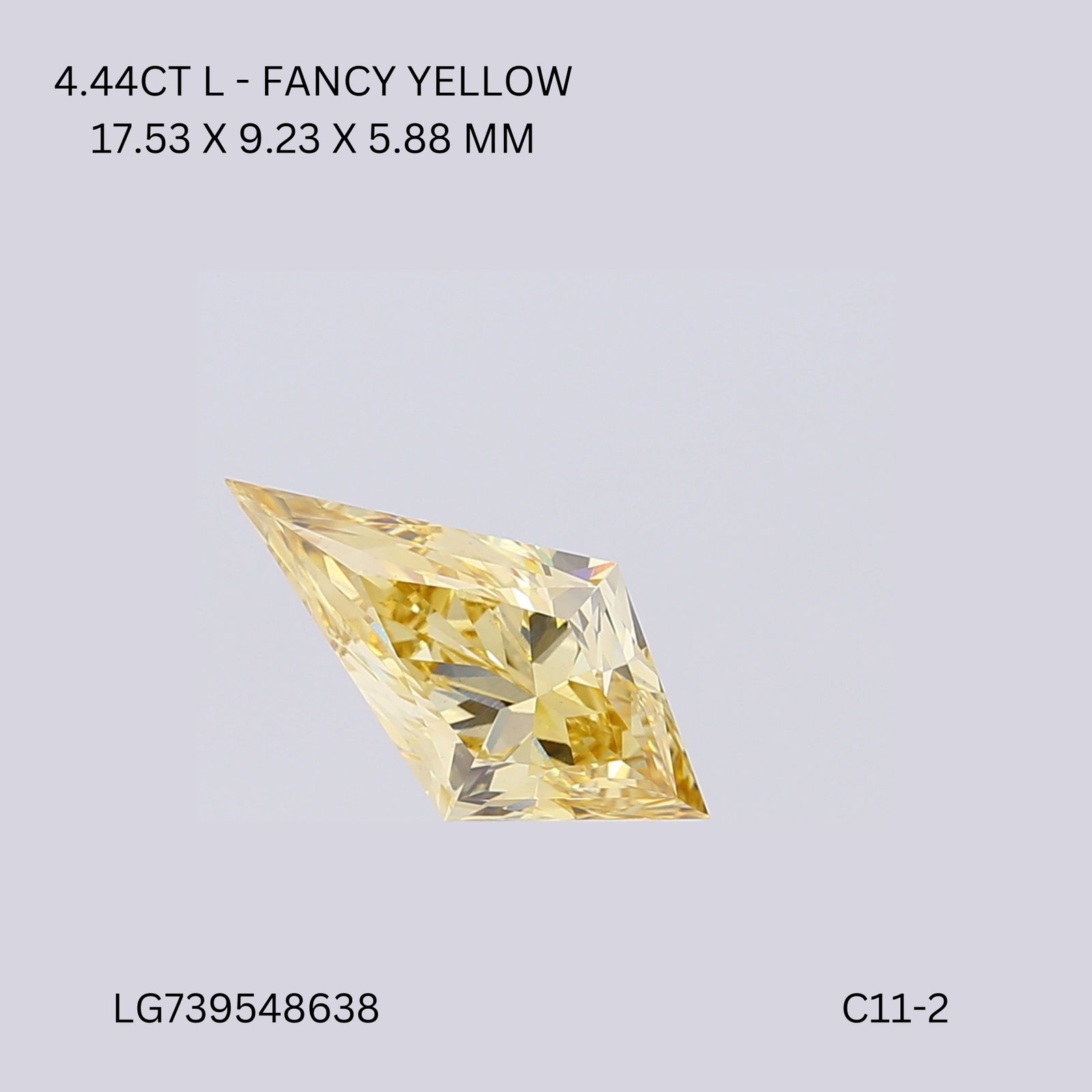 Loose Diamond - KITE 4.44ct Fancy Intense Yellow VS1: Loose Diamond - KITE 4.44ct Fancy Intense Yellow VS1 Source: This is a real non-mined Diamond that has been grown in a lab Shape: KITE Carats: 4.44 Color: Fancy Intense Yellow Certification: IGI Video