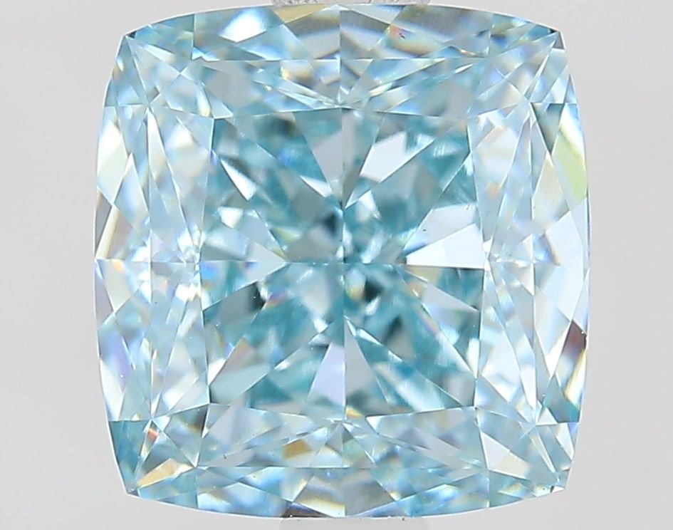 Loose Diamond - CUSHION MODIFIED 2.1ct Fancy Intense Greenish Blue VVS2: Loose Diamond - CUSHION MODIFIED 2.1ct Fancy Intense Greenish Blue VVS2 Source: This is a real non-mined Diamond that has been grown in a lab Shape: CUSHION MODIFIED Carats: 2.1 Color: Fancy Intense G