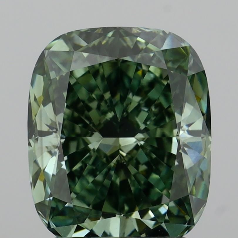 Loose Diamond - CUSHION MODIFIED 2.1ct Fancy Vivid Green VS1: Loose Diamond - CUSHION MODIFIED 2.1ct Fancy Vivid Green VS1 Source: This is a real non-mined Diamond that has been grown in a lab Shape: CUSHION MODIFIED Carats: 2.1 Color: Fancy Vivid Green Certific