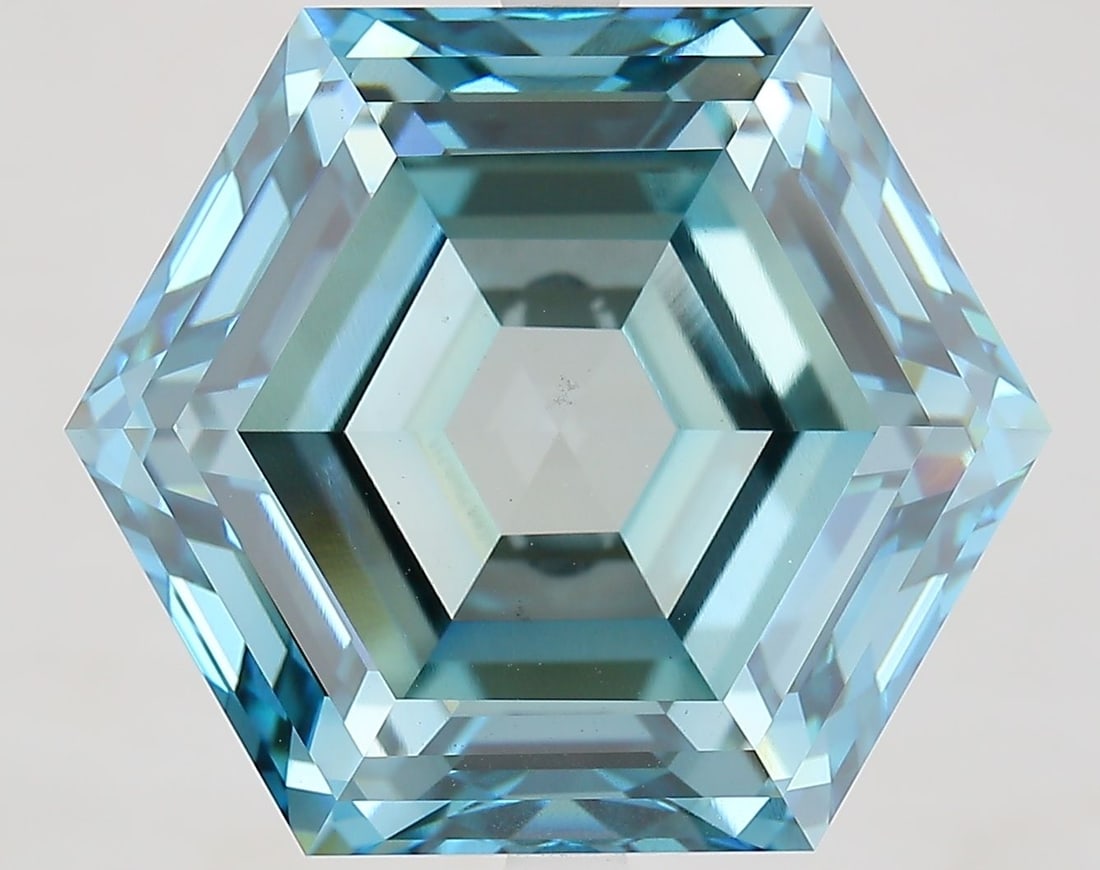 Loose Diamond - HEXAGONAL 17.58ct Fancy Vivid Green Blue VS1: Loose Diamond - HEXAGONAL 17.58ct Fancy Vivid Green Blue VS1 Source: This is a real non-mined Diamond that has been grown in a lab Shape: HEXAGONAL Carats: 17.58 Color: Fancy Vivid Green Blue Certific