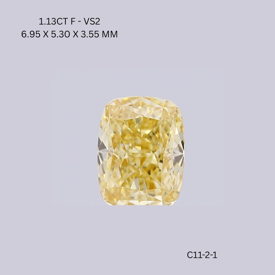 Loose Diamond - CUSHION BRILLIANT 1.13ct Yellow VS2: Loose Diamond - CUSHION BRILLIANT 1.13ct Yellow VS2 Source: This is a real non-mined Diamond that has been grown in a lab Shape: CUSHION BRILLIANT Carats: 1.13 Color: Yellow Certification: NONE Video: