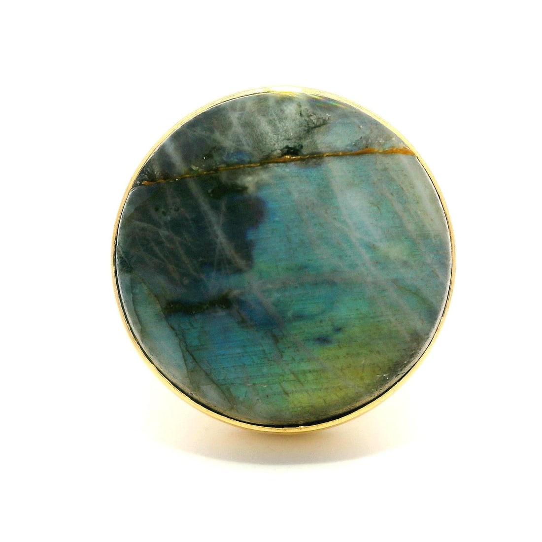 Denmark 14k Yellow Gold Large Labradorite Cocktail Ring: Denmark 14k Yellow Gold Large Labradorite Cocktail Ring This stunning large cocktail ring showcases a natural genuine labradorite stone, featuring a round cabochon cut that measures approximately 21.2