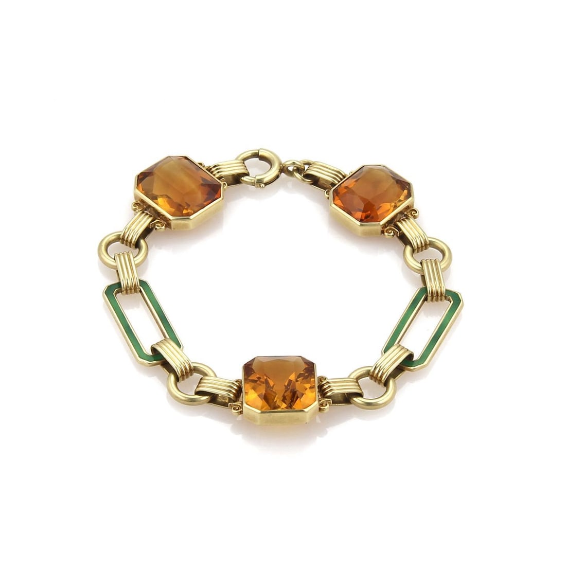 Art Deco 14k Yellow Gold Citrine Enamel Bracelet Fancy Link: Art Deco 14k Yellow Gold Citrine Enamel Bracelet Fancy Link This exquisite vintage Art Deco bracelet is meticulously crafted from 14k yellow gold, showcasing a polished finish. The design features an 