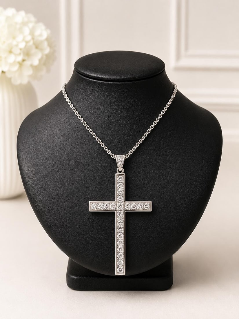 Antique Diamond Cross Pendant Necklace 18k Gold Platinum Top 16in: Antique Diamond Cross Pendant Necklace 18k Gold Platinum Top 16in Antique cross pendant necklace featuring natural old mine and old European cut diamonds in a pave-set design. This pre-owned piece has