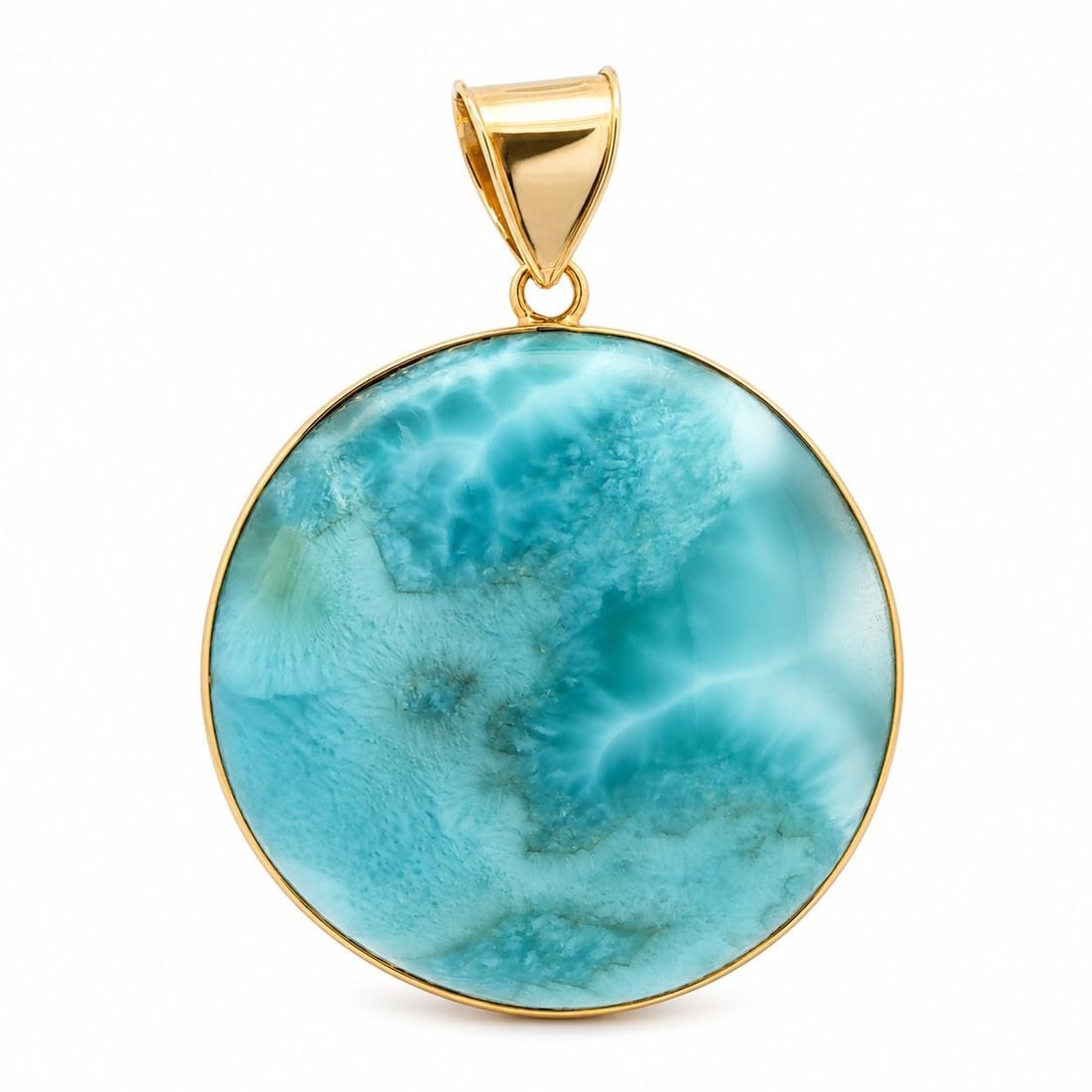 Unbranded Larimar Pendant in 14k Yellow Gold Round Cabochon Bezel: Unbranded Larimar Pendant in 14k Yellow Gold Round Cabochon Bezel Vintage handmade pendant featuring a large natural genuine larimar cabochon in a bezel setting. Crafted in solid yellow gold and stamp