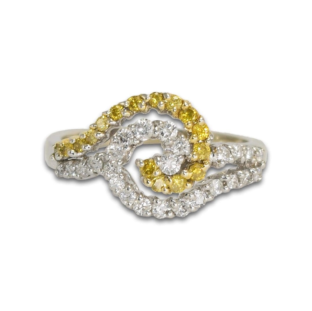 Diamond Cocktail Ring 14K White Gold Swirl Size 5: Diamond Cocktail Ring 14K White Gold Swirl Size 5 Pre-owned swirl design cocktail ring in 14k white gold featuring round diamonds with a total diamond weight of 0.50 ct. The ring includes 0.30 carats 