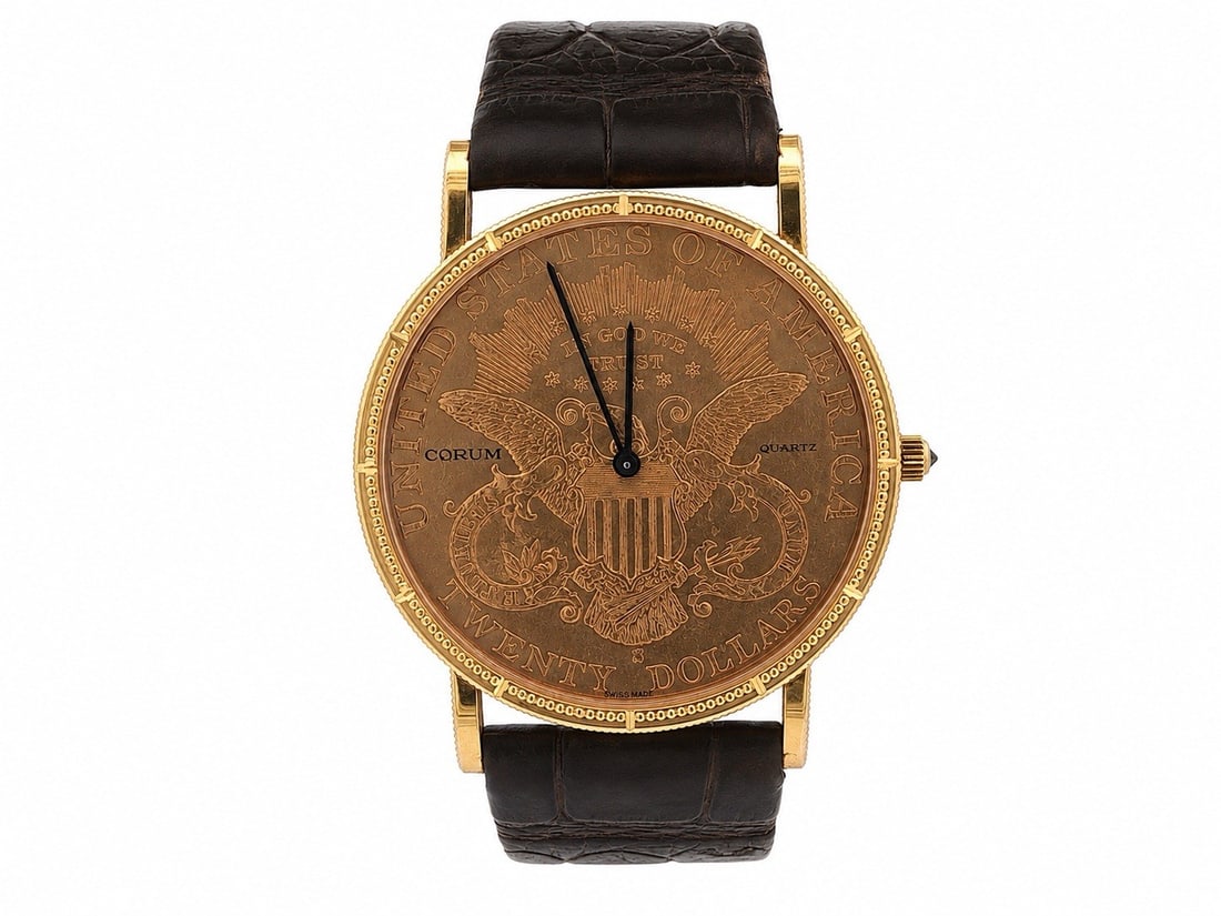 Corum Coin Wristwatch 35mm 18k Yellow Gold Liberty $20 Quartz: Corum Coin Wristwatch 35mm 18k Yellow Gold Liberty $20 Quartz Vintage Corum Coin wristwatch featuring a 1904 Liberty Twenty Dollars coin design and Swiss quartz movement. This unisex analog watch has 