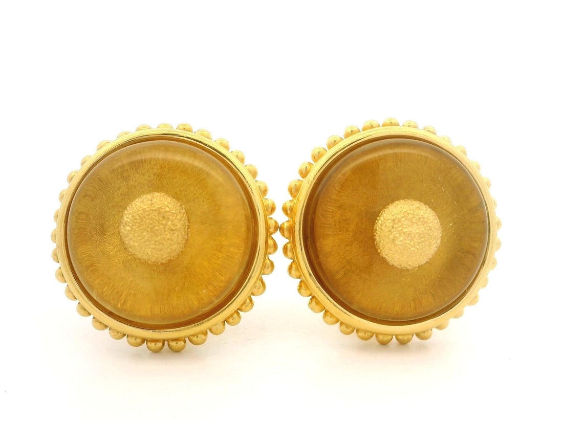 Denise Roberge 22k Yellow Gold Clip On Earrings with Citrine: Denise Roberge 22k Yellow Gold Clip On Earrings with Citrine Elevate your accessory collection with these stunning clip-on earrings by Denise Roberge. Crafted from luxurious 22k solid yellow gold, the