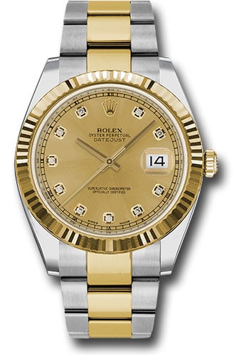 Rolex 126333 Datejust 41 Mens Watch Champagne Diamond Dial Oyster Bracelet: Rolex 126333 Datejust 41 Mens Watch Champagne Diamond Dial Oyster Bracelet Rolex Datejust 41 wristwatch with a champagne diamond dial, fluted bezel, and Oyster bracelet. This men's watch is reference 