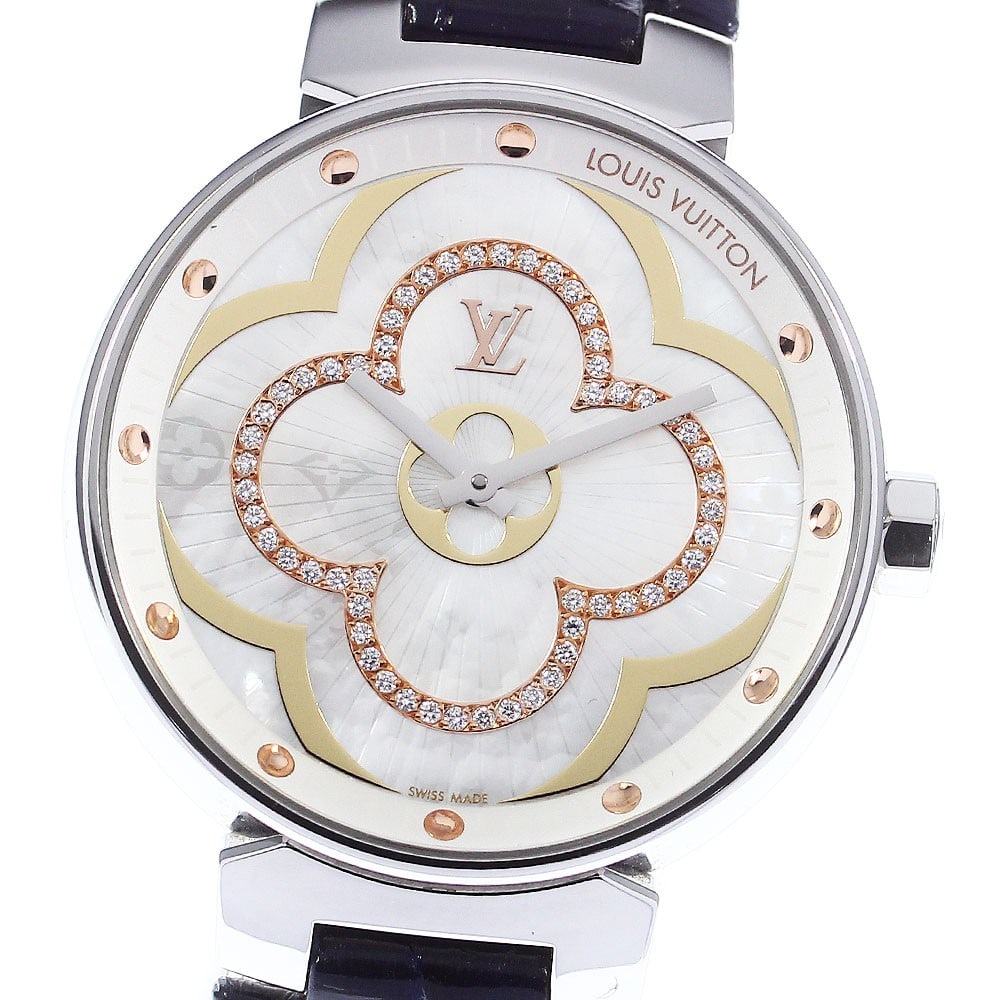 Louis Vuitton QA019 Tambour Moon Divine Diamond Ladies Quartz Watch: Louis Vuitton QA019 Tambour Moon Divine Diamond Ladies Quartz Watch Louis Vuitton Tambour Moon Divine women's wristwatch, reference QA019, with a quartz movement and white shell dial. The watch featur