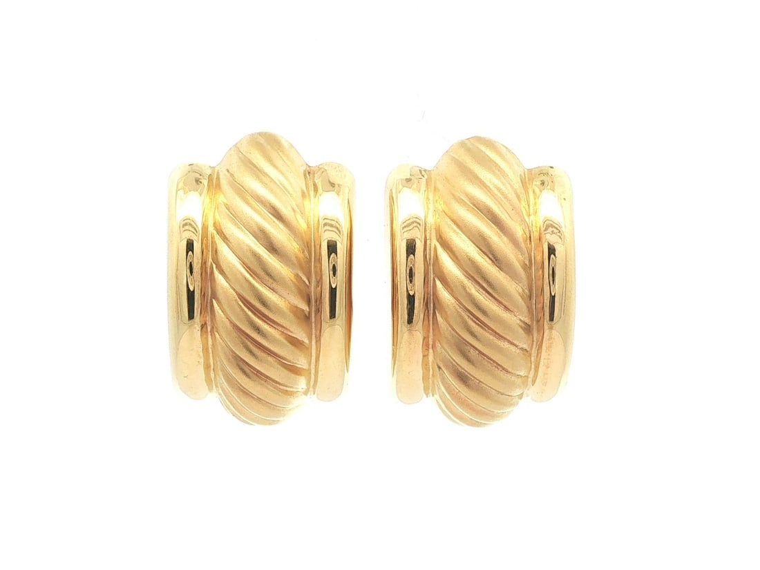 Vintage Unbranded 14k Yellow Gold Puffed Ribbed Drop Earrings Omega Closure (1 of 8)