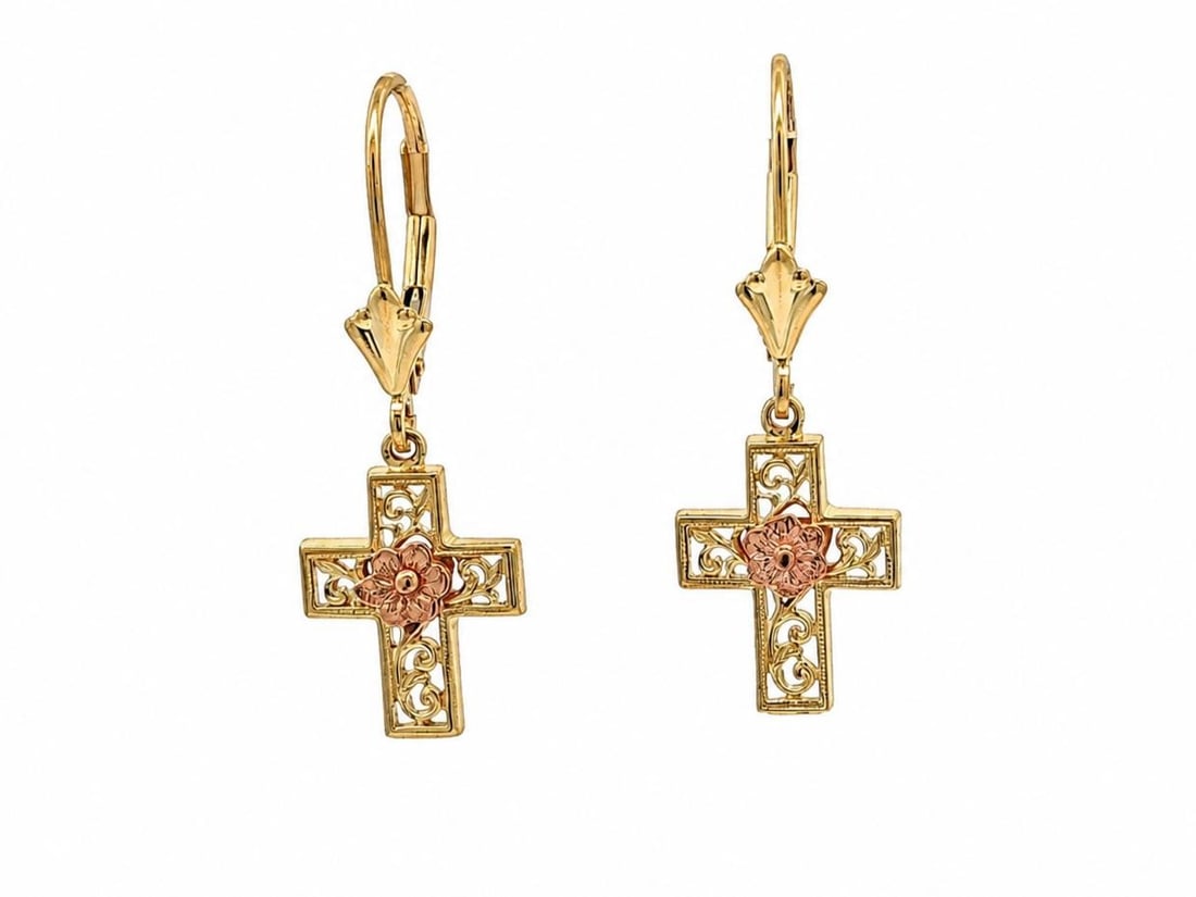 14k Two Tone Gold Cross Dangle Earrings with Floral Design: 14k Two Tone Gold Cross Dangle Earrings with Floral Design A pair of pre-owned dangle/drop earrings featuring a floral work cross design in solid 14k yellow gold with rose gold accents. Designed for p