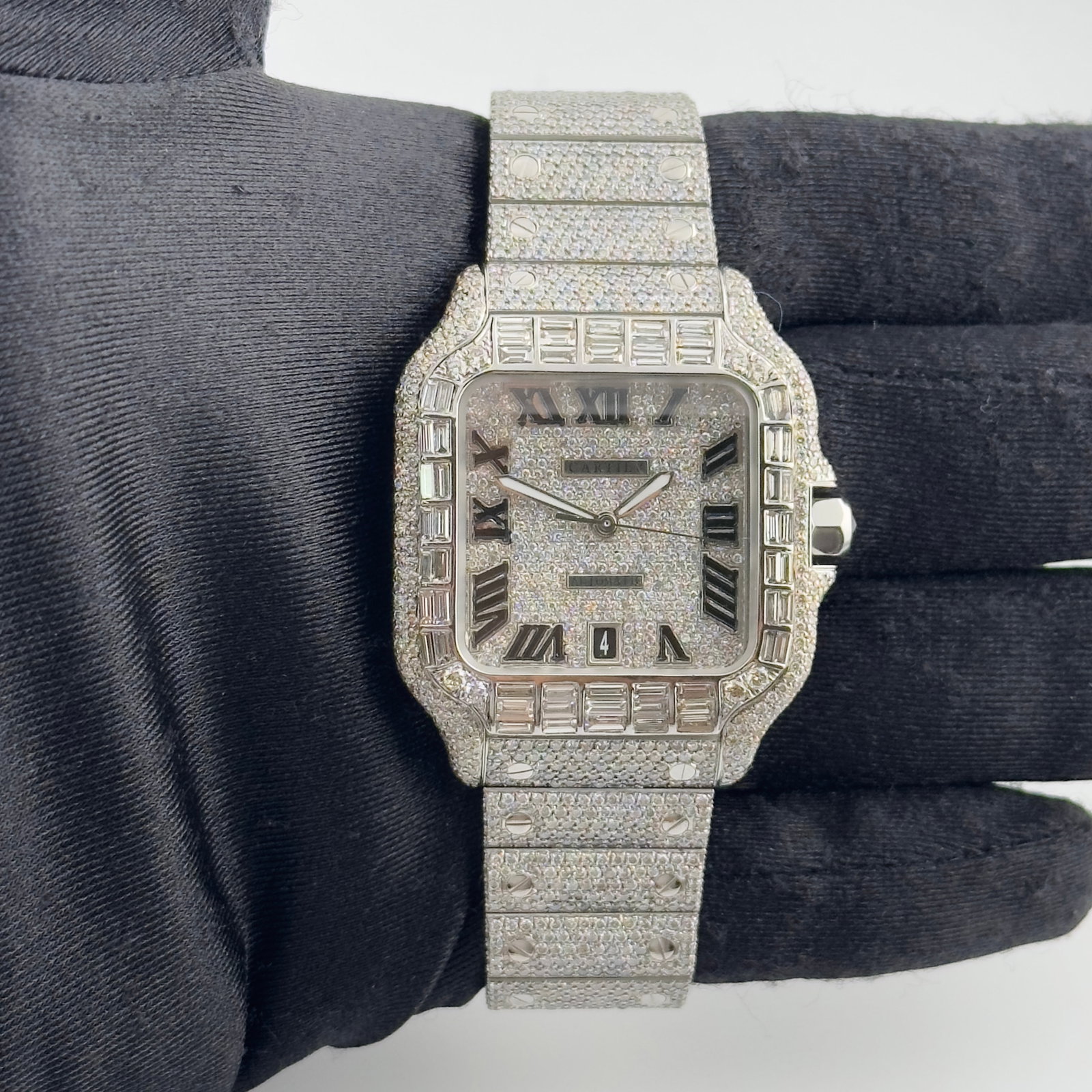 Cartier Santos Large Ref 4072 Diamond Baguette Bezel Watch With Documentation: Cartier Santos Large Ref 4072 Diamond Baguette Bezel Watch With Documentation This Cartier Santos Large watch, reference 4072, features an iced out Roman numeral dial, a diamond baguette bezel, and a 