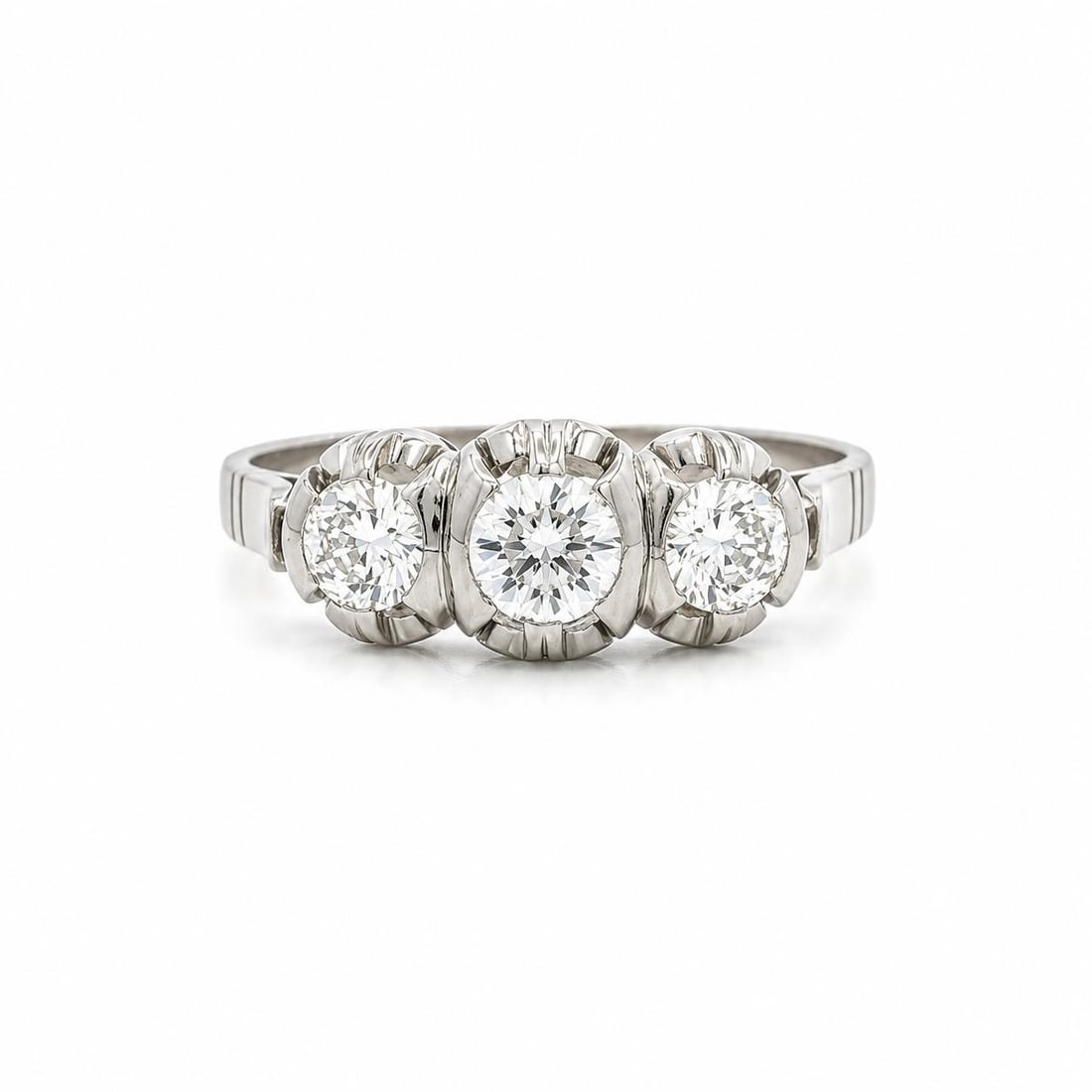 Edwardian 3 Stone Diamond Band Ring in 900 Platinum 0.75ctw: Edwardian 3 Stone Diamond Band Ring in 900 Platinum 0.75ctw Antique Edwardian three-stone band ring crafted in solid 900 platinum and set with three natural old European cut diamonds. This pre-owned w