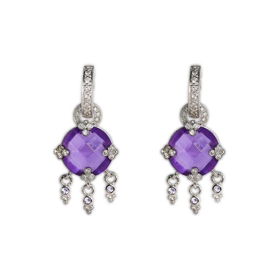Amethyst and Diamond Drop Earrings in 14K White Gold: Amethyst and Diamond Drop Earrings in 14K White Gold Pre-owned ladies dangle earrings crafted in 14k white gold, featuring natural round amethysts with fancy checkerboard faceting and round brilliant 