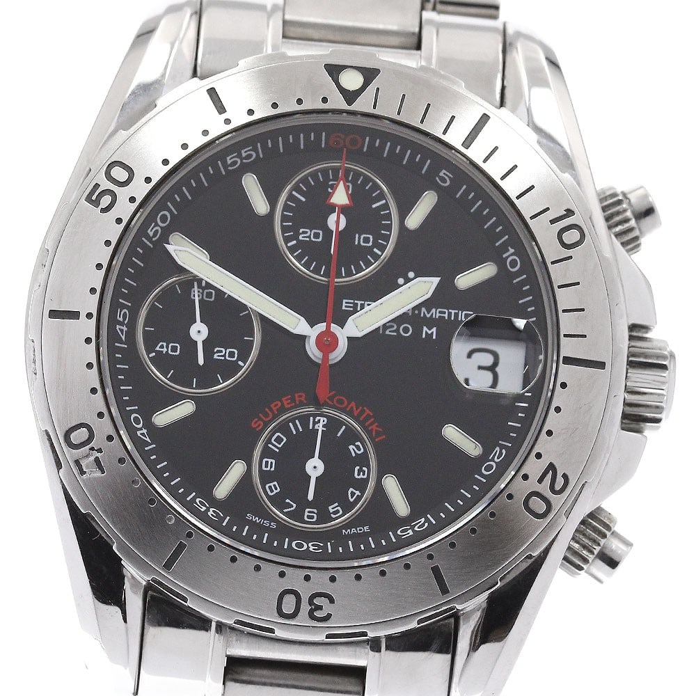 Eterna 1578.41 Eternamatic Super Contiki Mens Chronograph Watch: Eterna 1578.41 Eternamatic Super Contiki Mens Chronograph Watch Eterna Eternamatic Super-Contiki men's wristwatch, reference 1578.41, made in Switzerland. It features a black dial, stainless steel cas