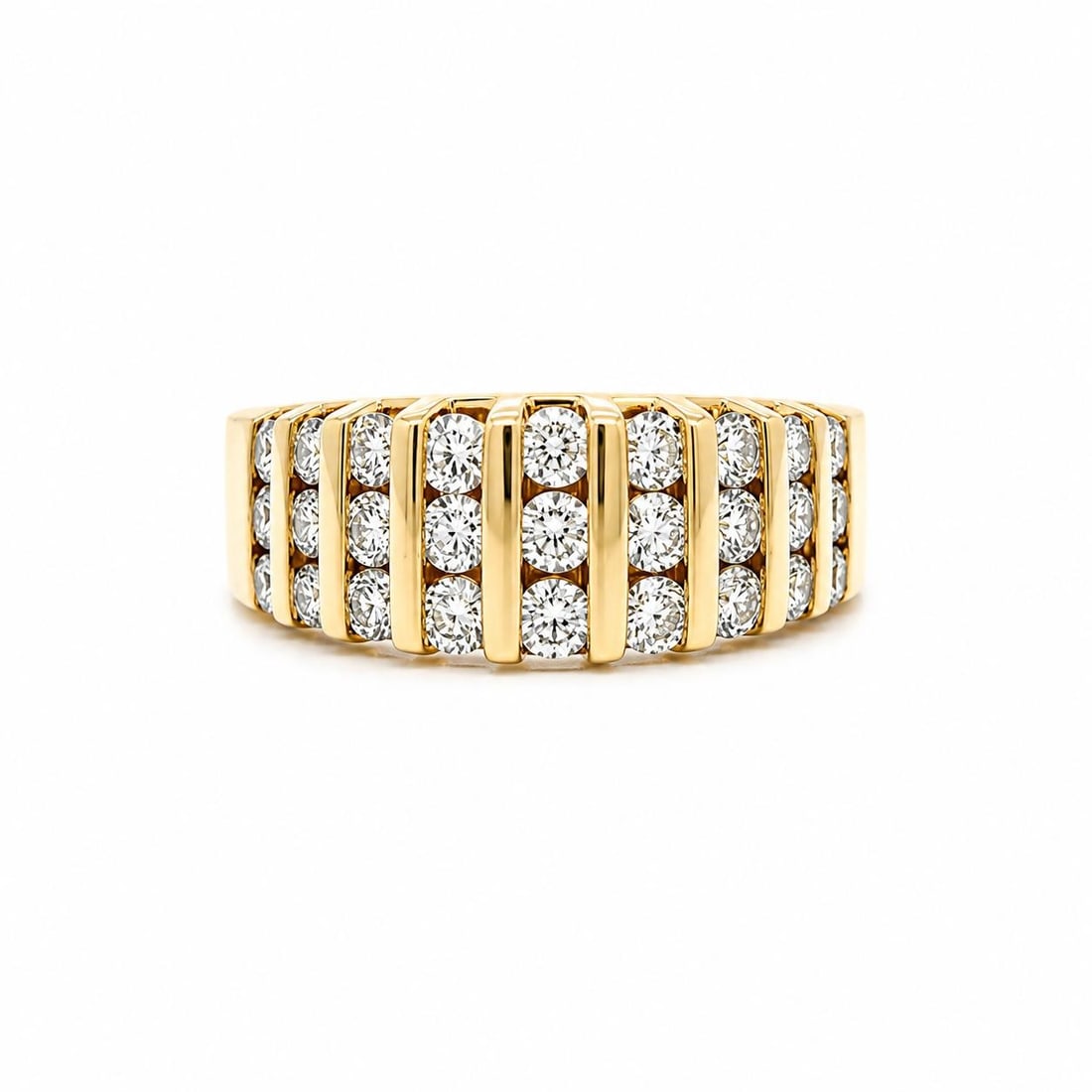 Unbranded 14k Yellow Gold Diamond Dome Band Ring 1.0ctw 3 Row: Unbranded 14k Yellow Gold Diamond Dome Band Ring 1.0ctw 3 Row Pre-owned women's band ring crafted in solid 14k yellow gold and set with natural genuine round brilliant cut diamonds in a channel bar se