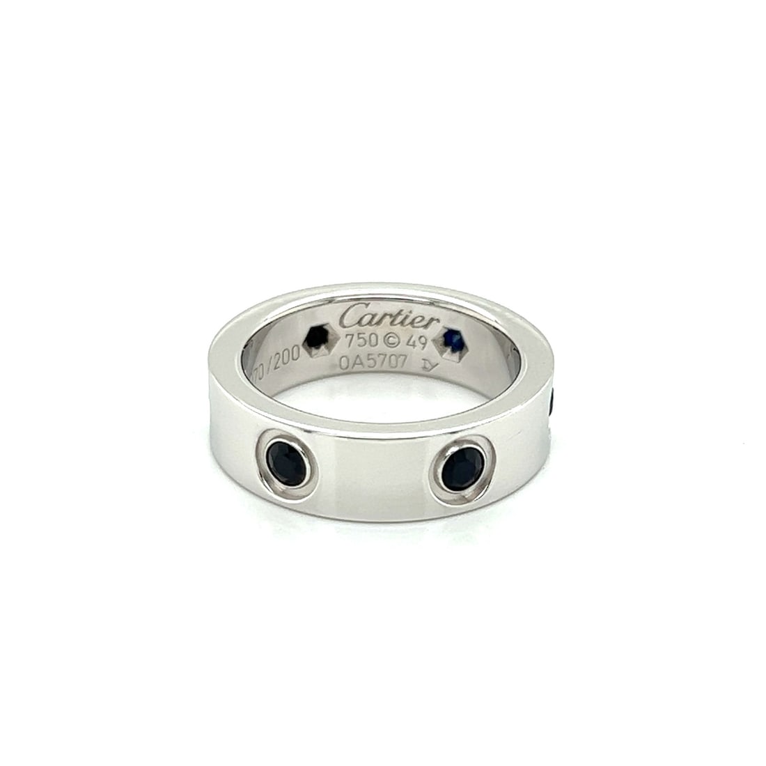 Cartier LOVE black sapphire 18k white gold ring with certificate size 4.75 EU 49: Cartier LOVE black sapphire 18k white gold ring with certificate size 4.75 EU 49 Pre-owned Cartier LOVE Black Sapphire band ring crafted in 18k white gold. This signed ring features six natural round 