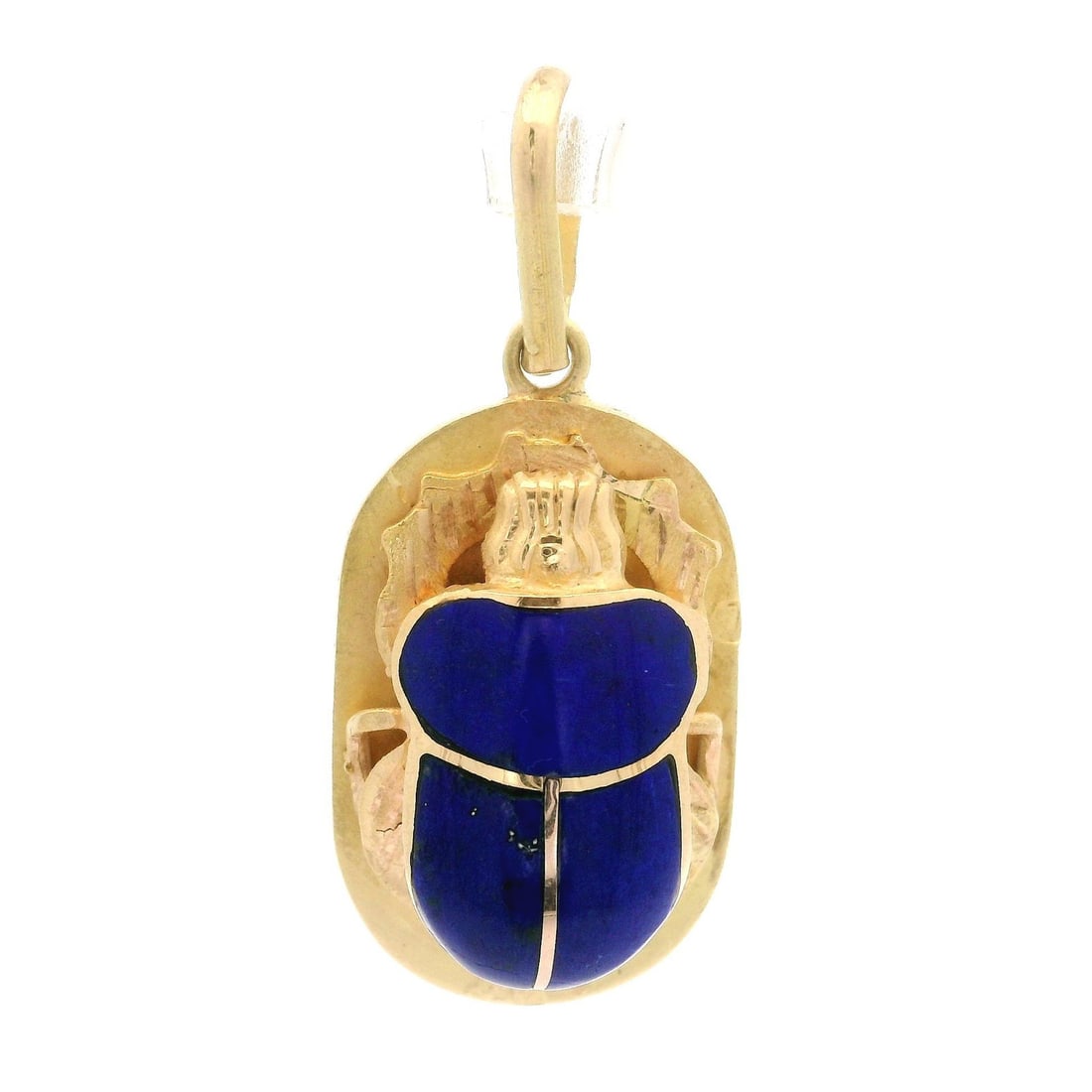 Vintage 18k Yellow Gold Lapis Scarab Pendant with Textured Design: Vintage 18k Yellow Gold Lapis Scarab Pendant with Textured Design This exquisite vintage pendant features a beautifully crafted scarab design inlaid with genuine natural lapis lazuli, known for its de