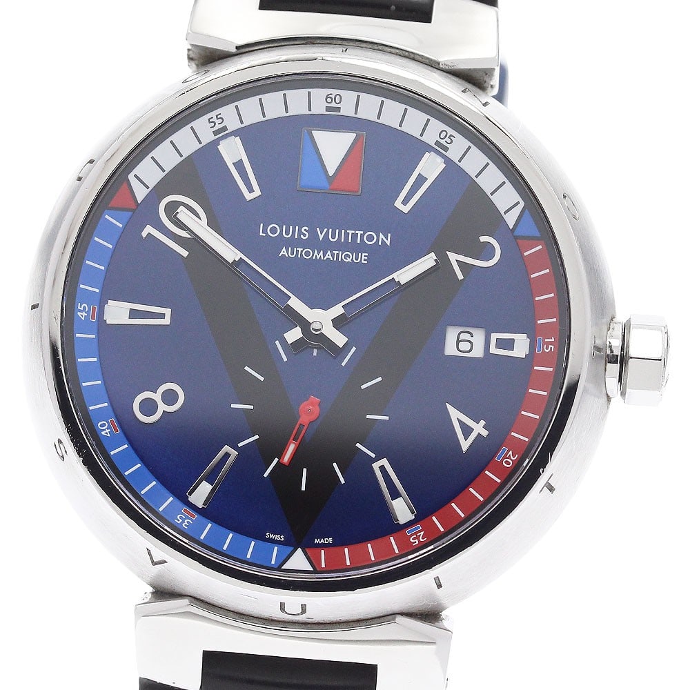Louis Vuitton Tambour V-line Q1D21 mens automatic wristwatch: Louis Vuitton Tambour V-line Q1D21 mens automatic wristwatch Pre-owned Louis Vuitton Tambour V-line men's wristwatch with automatic movement and small seconds. This Swiss-made watch features a blue di