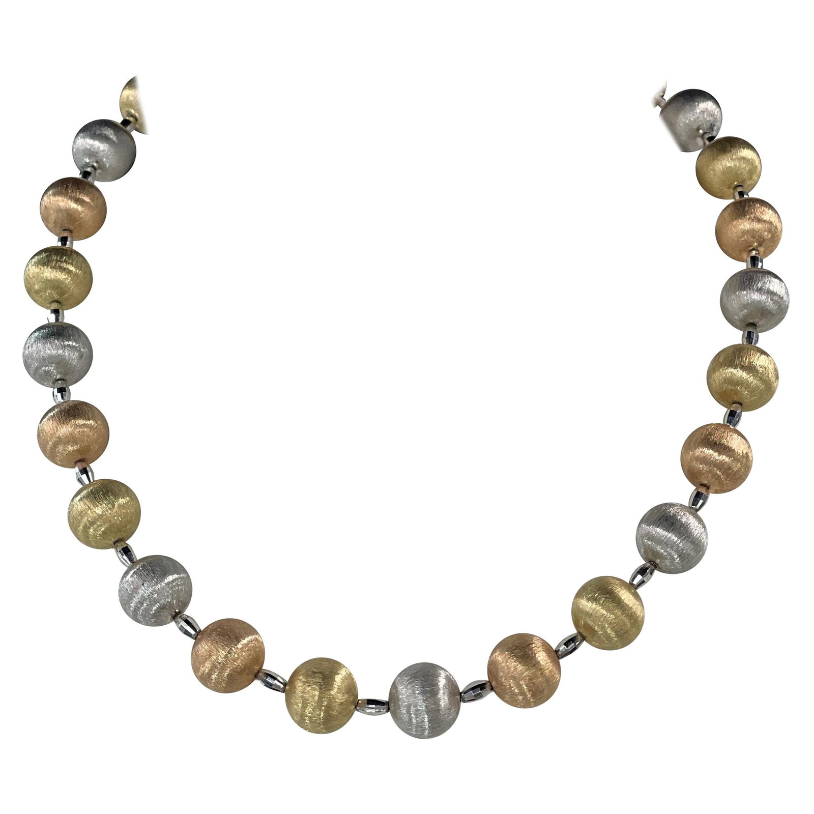 14K Tri-Color Gold Brushed Beaded Necklace 17.5 Inches 40g: 14K Tri-Color Gold Brushed Beaded Necklace 17.5 Inches 40g This stunning 14 Karat tri-color gold necklace showcases a contemporary design with a brushed finish. The necklace features 24 elegantly craf