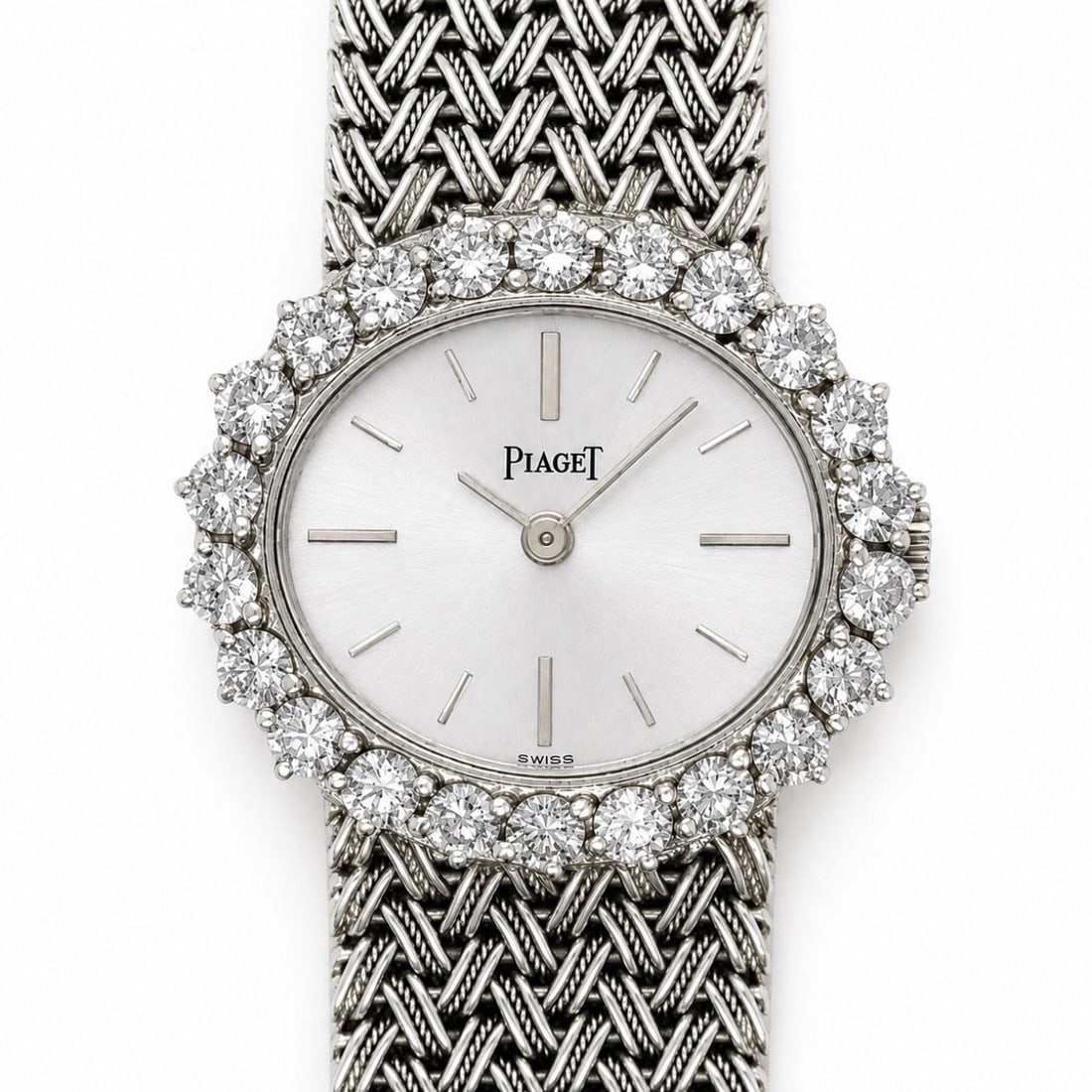 Ladies 18K White Gold Piaget Diamond Wristwatch Manual Wind: Ladies 18K White Gold Piaget Diamond Wristwatch Manual Wind A pre-owned Piaget ladies watch in 18K white gold, weighing 51.1 grams. It features 22 factory original diamonds with an approximate total w