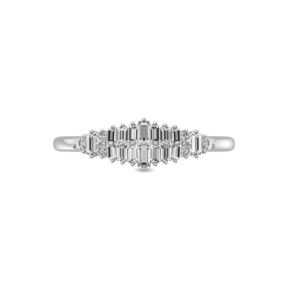 Diamond 1/4 Ct.Tw. Round and Baguette Fashion Ring in 10K White Gold: Diamond 1/4 Ct.Tw. Round and Baguette Fashion Ring in 10K White Gold 10k White Gold Stone Color: G-h Stone Clarity: I1 Each ring is presented in standard size 6.5. Complimentary resizing is available 