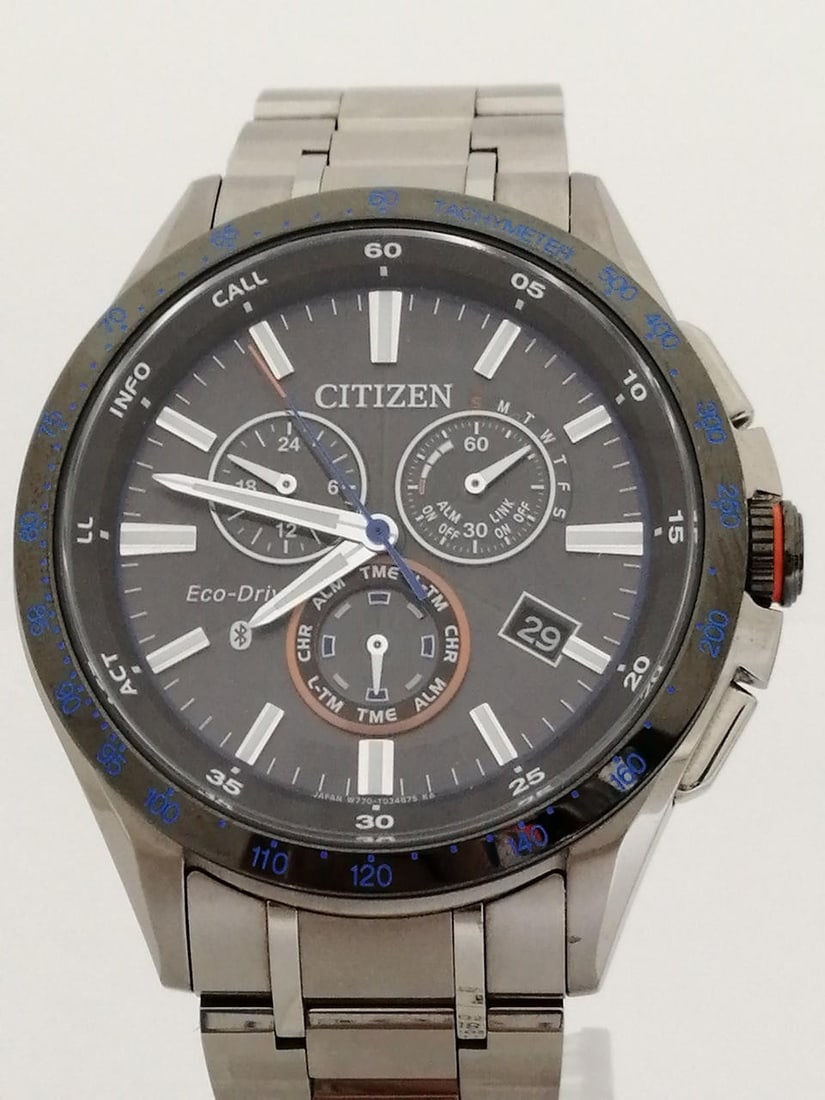 Citizen W770-T023037 mens Eco-Drive solar chronograph wristwatch: Citizen W770-T023037 mens Eco-Drive solar chronograph wristwatch Pre-owned CITIZEN Eco-Drive Bluetooth chronograph men's wristwatch, model W770-T023037. This Japan-made watch is listed as Product Rank
