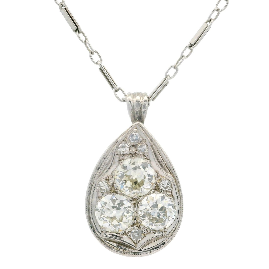 Teardrop White Gold Diamond Pendant Necklace 18 Inch Milgrain: Teardrop White Gold Diamond Pendant Necklace 18 Inch Milgrain This elegant teardrop pendant necklace features approximately 1.60 carats of natural, genuine diamonds set in solid 13-14K white gold. The