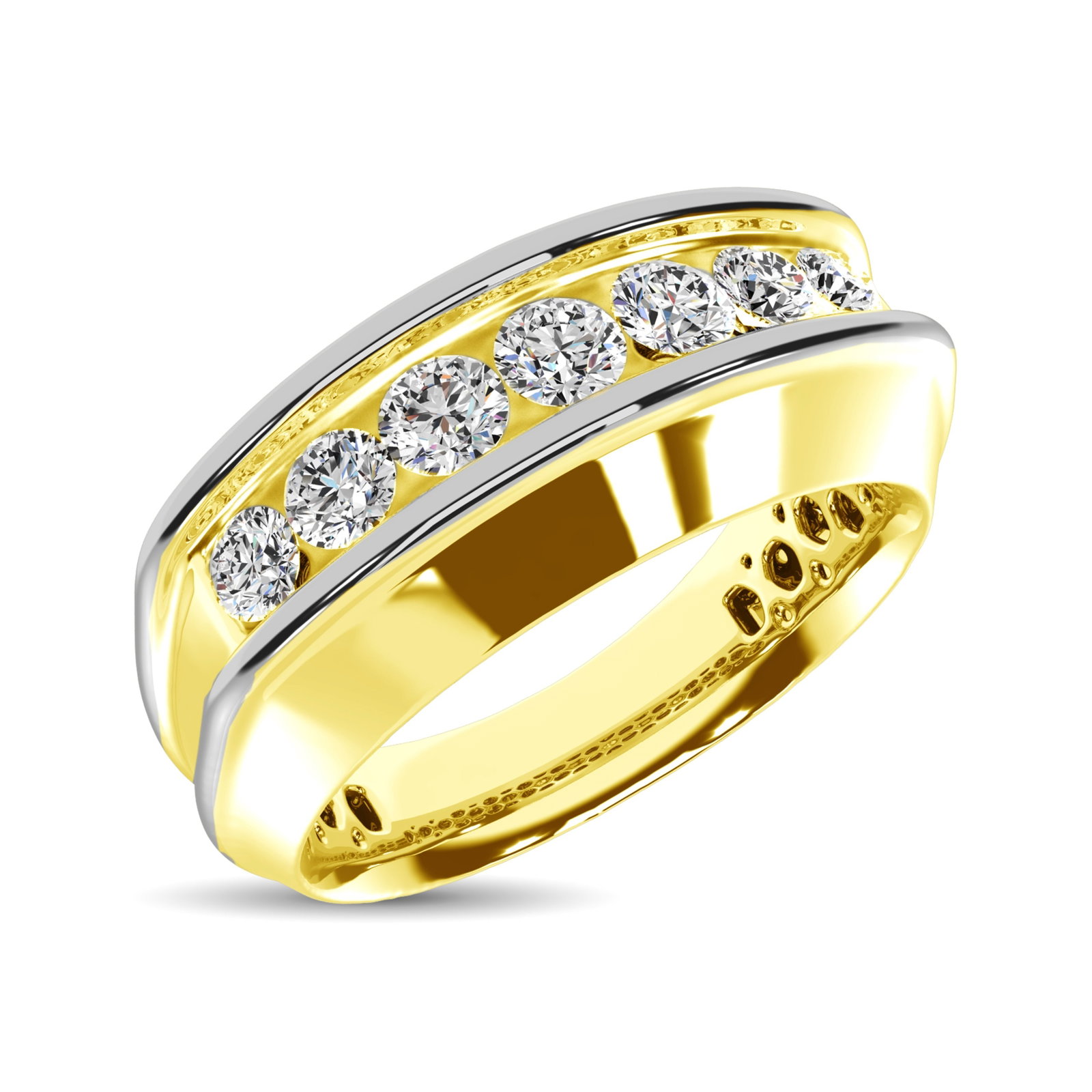 10K Yellow Gold with Accent of 10K White Gold 1/2 Ct.Tw. Diamond 7 Stone Mens Band: 10K Yellow Gold with Accent of 10K White Gold 1/2 Ct.Tw. Diamond 7 Stone Mens Band Make your commitment with this handsome band crafted in10K Yellow Gold with Accent of 10K White Gold. This striking m