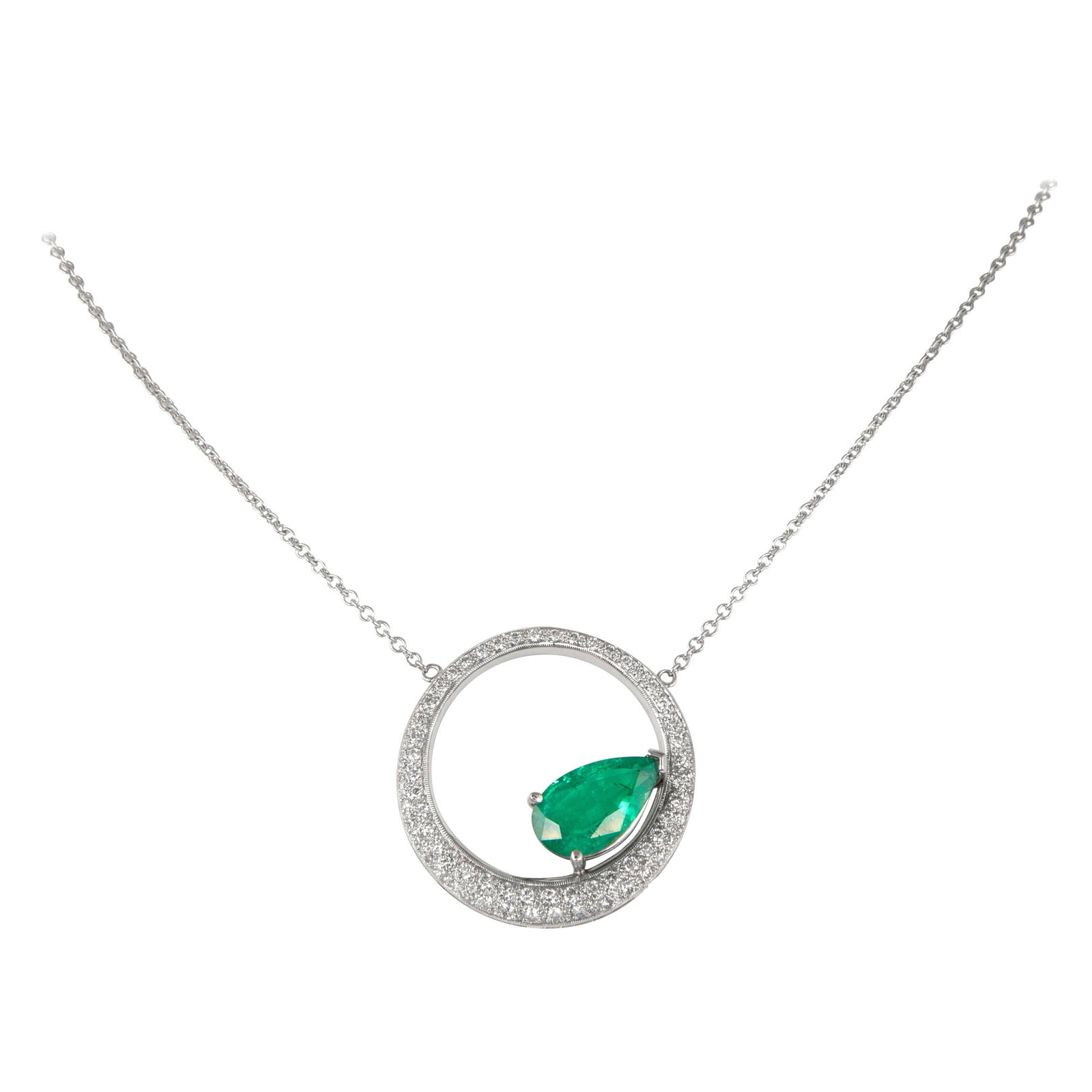 2.99ct Pear Emerald Diamond Pendant Necklace 18k White Gold: 2.99ct Pear Emerald Diamond Pendant Necklace 18k White Gold This stunning pendant necklace features a 2.99 ct pear-shaped emerald, beautifully complemented by round brilliant diamonds totaling 0.78 ct