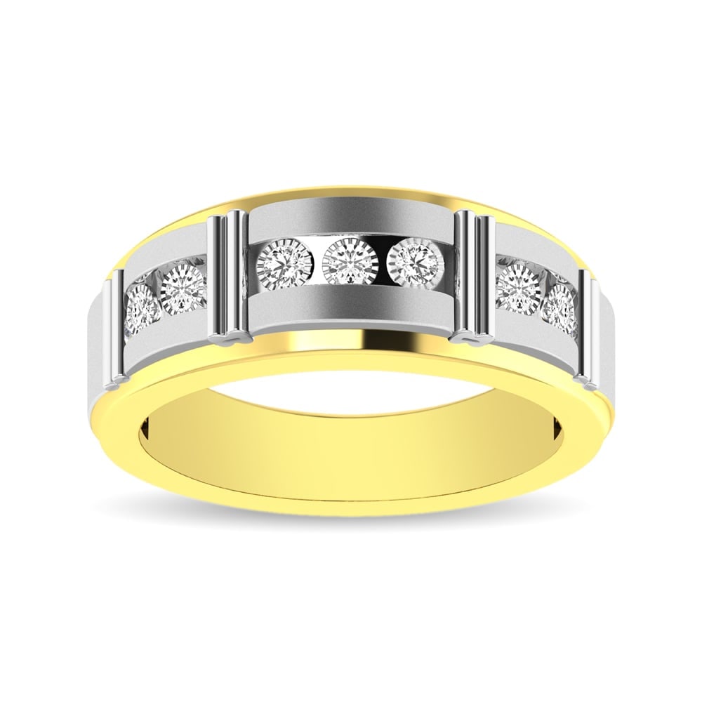 10K Two Tone 1/10 Ct.Tw. Diamond 7 stone Mens Band: 10K Two Tone 1/10 Ct.Tw. Diamond 7 stone Mens Band This eye-catching Men?s Band is available in 10K Yellow Gold and White Gold. There are 7 round diamonds with a total carat weight of 1/10 Ct.Tw. set 