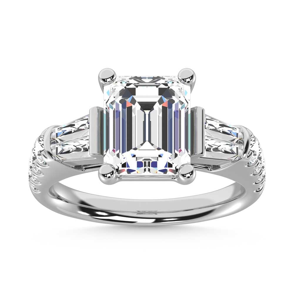 14K White Gold Lab Grown Diamond 3 5/8 Ct.Tw. Emerald Shape Three Stone Ring: 14K White Gold Lab Grown Diamond 3 5/8 Ct.Tw. Emerald Shape Three Stone Ring This stunning three-stone ring features a sparkling 3 CT Emerald Center diamond with two shimmering side diamonds, symboliz