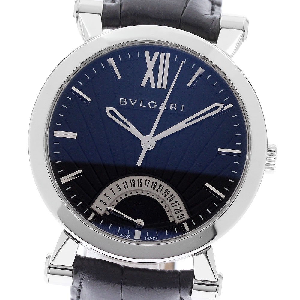 BVLGARI Sotirio Bulgari SB42SDR mens automatic retrograde wristwatch: BVLGARI Sotirio Bulgari SB42SDR mens automatic retrograde wristwatch Pre-owned BVLGARI Sotirio Bulgari retrograde automatic men's wristwatch with a black dial and stainless steel case. This watch feat