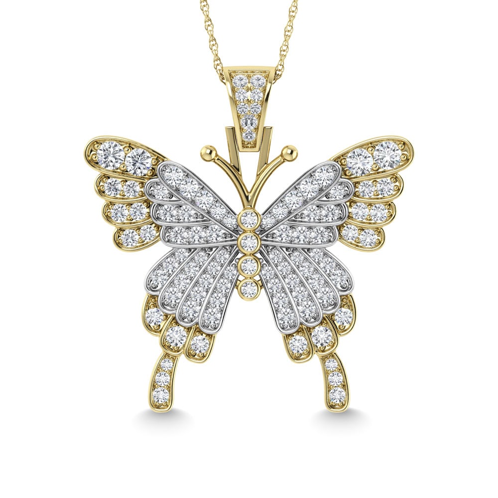 Diamond 1 7/8 Ct.Tw. Butterfly Pendant in 10K Two Tone: Diamond 1 7/8 Ct.Tw. Butterfly Pendant in 10K Two Tone 10k Two Tone Stone Color: G-h Stone Clarity: I3 Unless otherwise specified, pendants that include a chain are paired with our standard 18-inch le