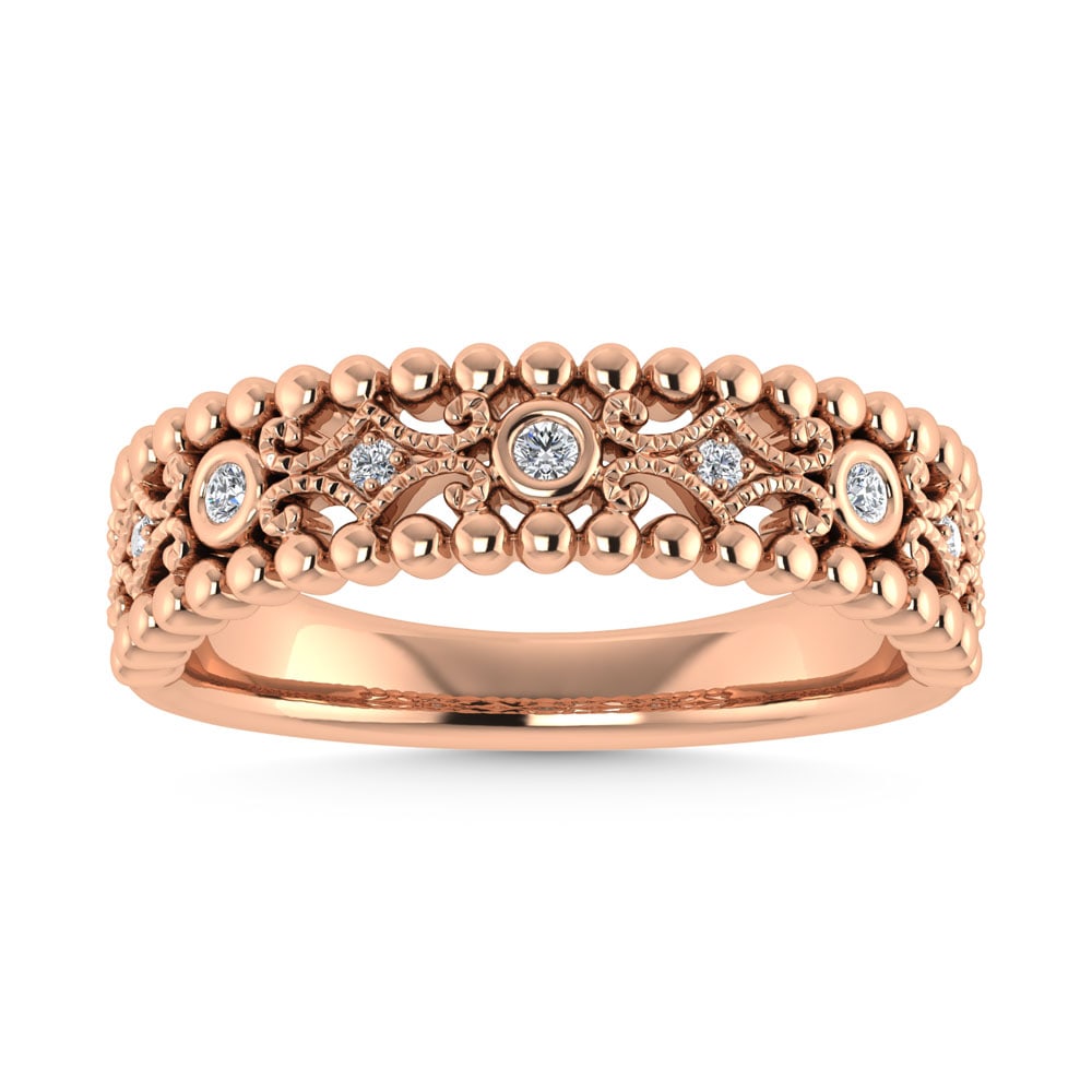 10K Rose Gold 1/10 Ct.Tw. Diamond Fashion Band: 10K Rose Gold 1/10 Ct.Tw. Diamond Fashion Band 10k Rose Gold Stone Color: G-h Stone Clarity: I1 Each ring is presented in standard size 6.5. Complimentary resizing is available between sizes 510 (in 1