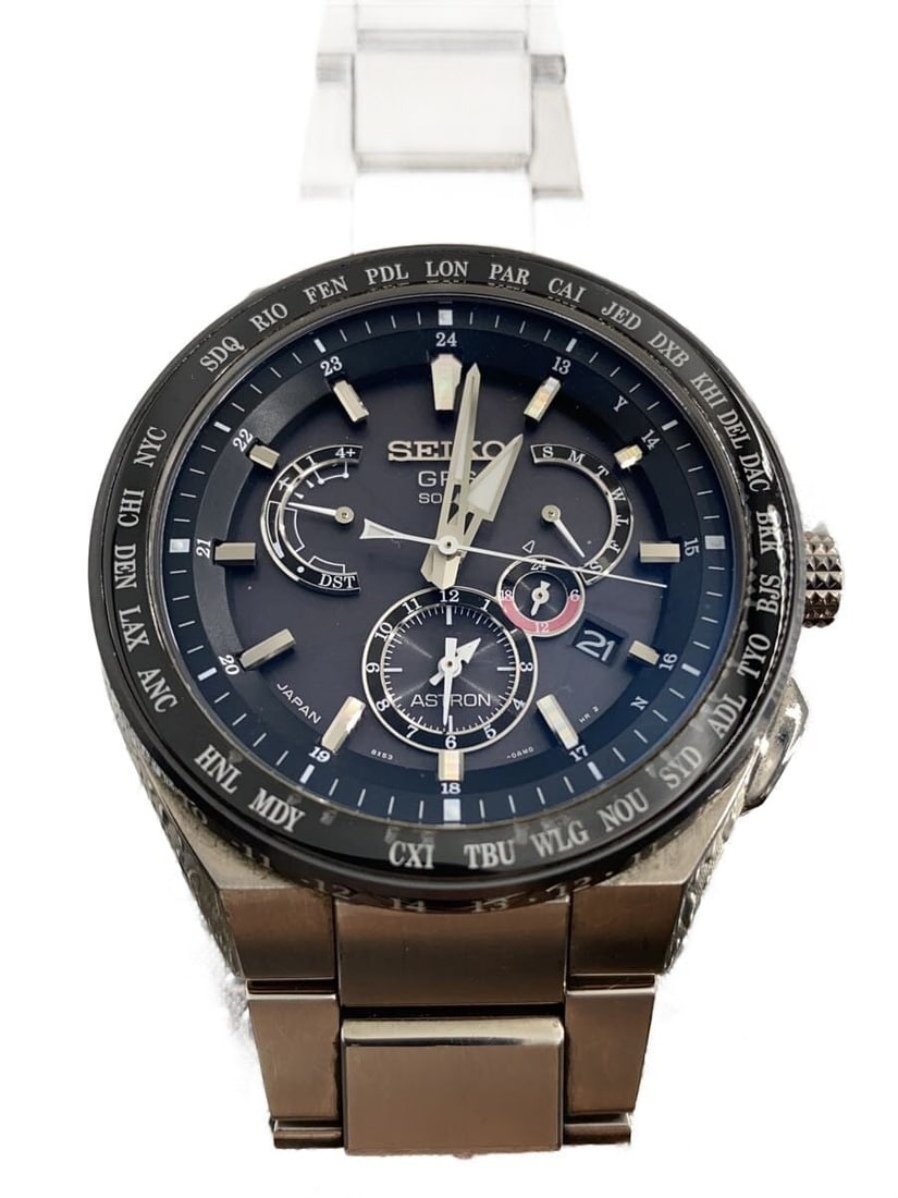 Seiko black stainless steel men's wristwatch: Seiko black stainless steel men's wristwatch This SEIKO ASTRON men's wristwatch features a black stainless steel case and band, designed for both style and durability. Made in Japan, it showcases a mo