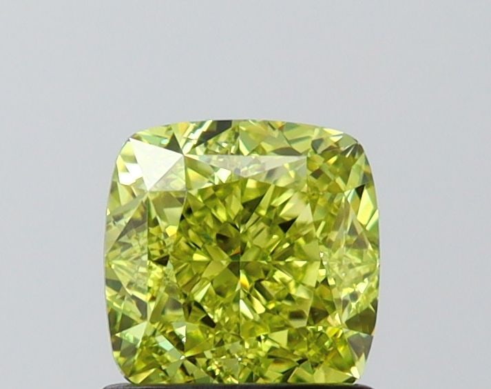Loose Diamond - CUSHION MODIFIED 1.3ct Fancy Intense Greenish Yellow VVS2: Loose Diamond - CUSHION MODIFIED 1.3ct Fancy Intense Greenish Yellow VVS2 Source: This is a real non-mined Diamond that has been grown in a lab Shape: CUSHION MODIFIED Carats: 1.3 Color: Fancy Intense