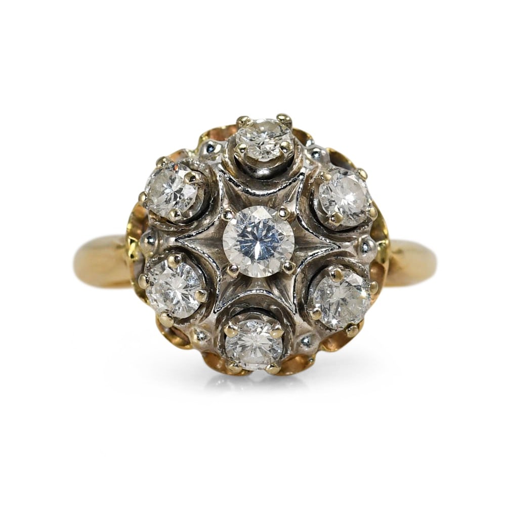 14k Yellow Gold Cluster Diamond Ring Size 6 5.7g: 14k Yellow Gold Cluster Diamond Ring Size 6 5.7g This elegant cluster ring features round brilliant cut natural diamonds with a total diamond weight of 0.80 carats, exhibiting SI1-SI2 clarity and G-H 