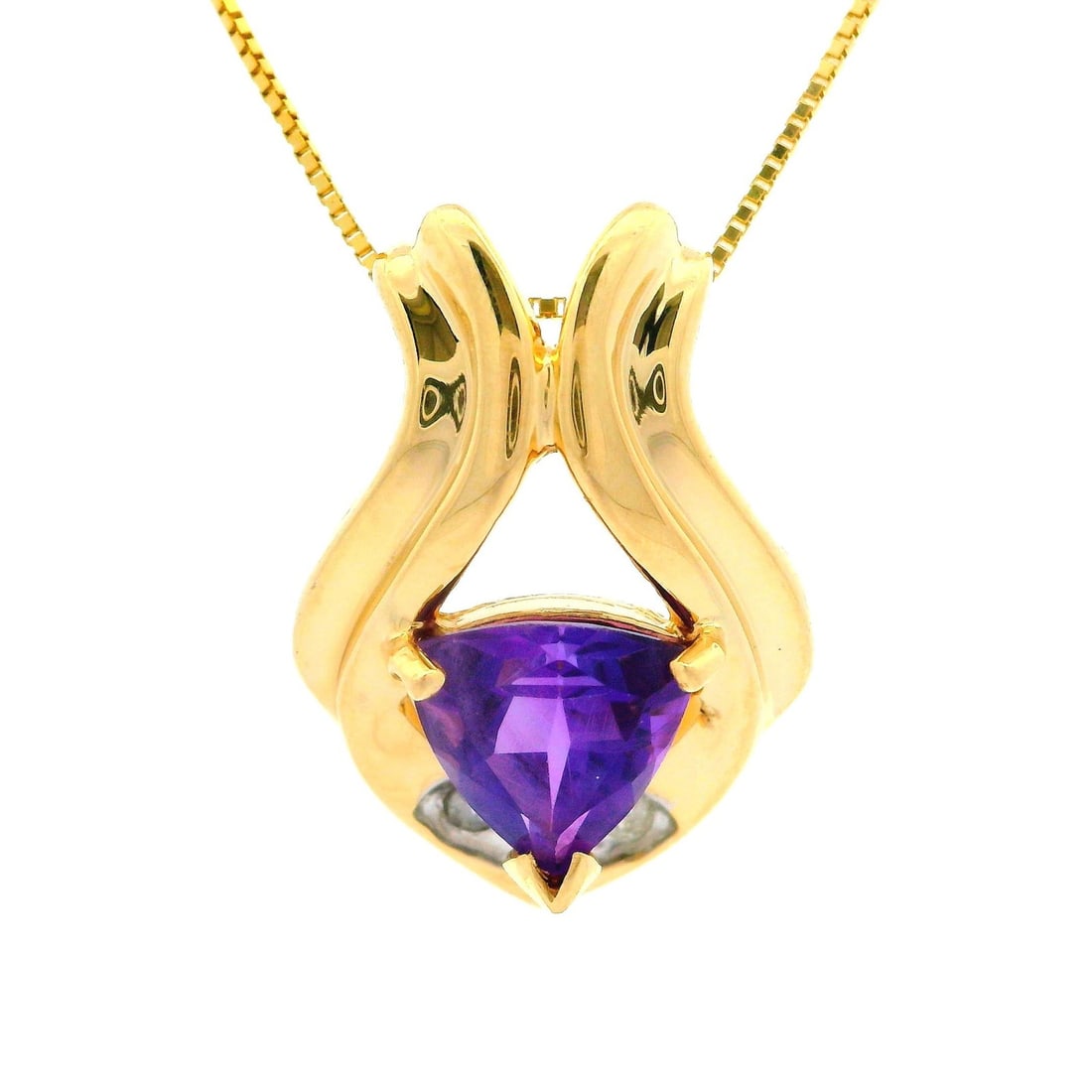 14k Yellow Gold Slide Pendant Necklace with Amethyst and Diamond Accents: 14k Yellow Gold Slide Pendant Necklace with Amethyst and Diamond Accents Estate slide pendant necklace in solid 14k yellow gold, featuring a natural trillion-cut amethyst accented by three natural dia