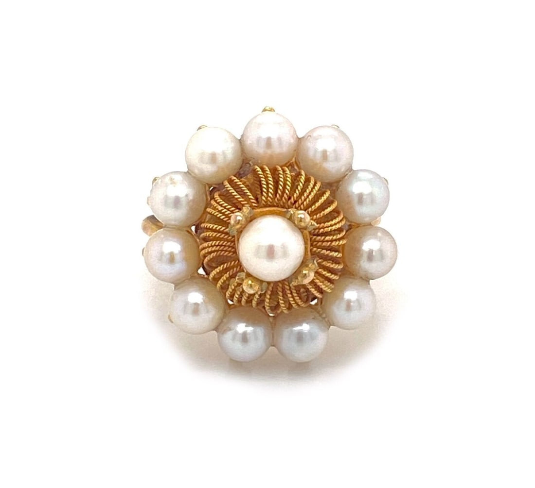 Vintage 14k Yellow Gold Harem Ring with Cultured Pearls Size 5.5: Vintage 14k Yellow Gold Harem Ring with Cultured Pearls Size 5.5 Vintage estate harem ring crafted in 14k yellow gold with a domed design accented by cultured pearls. This original ring offers a sculp
