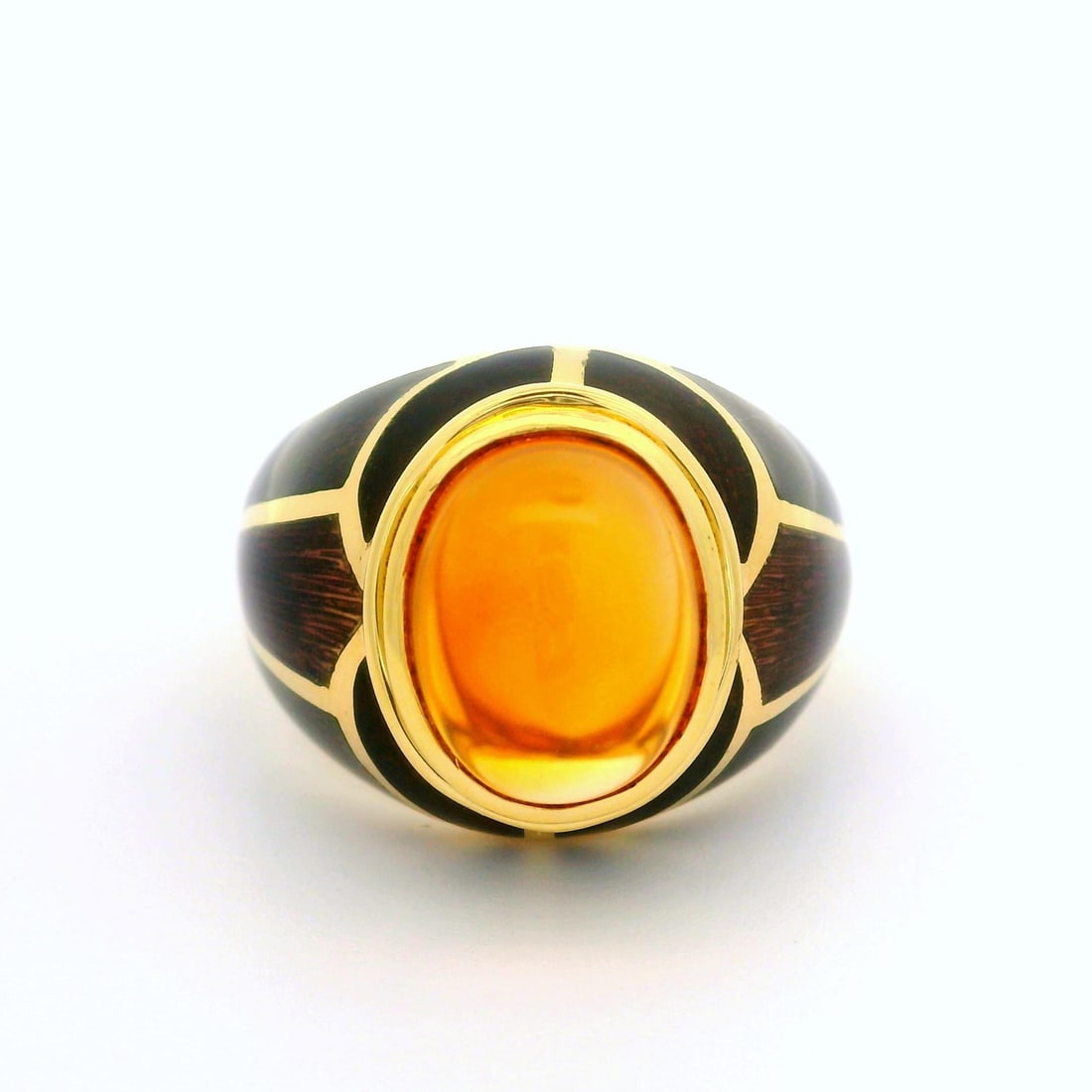 Estate Mavito 18k Yellow Gold Cocktail Ring with Citrine and Brown Enamel: Estate Mavito 18k Yellow Gold Cocktail Ring with Citrine and Brown Enamel This exquisite high-profile cocktail ring features a stunning natural genuine citrine stone, artfully crafted into an oval cab