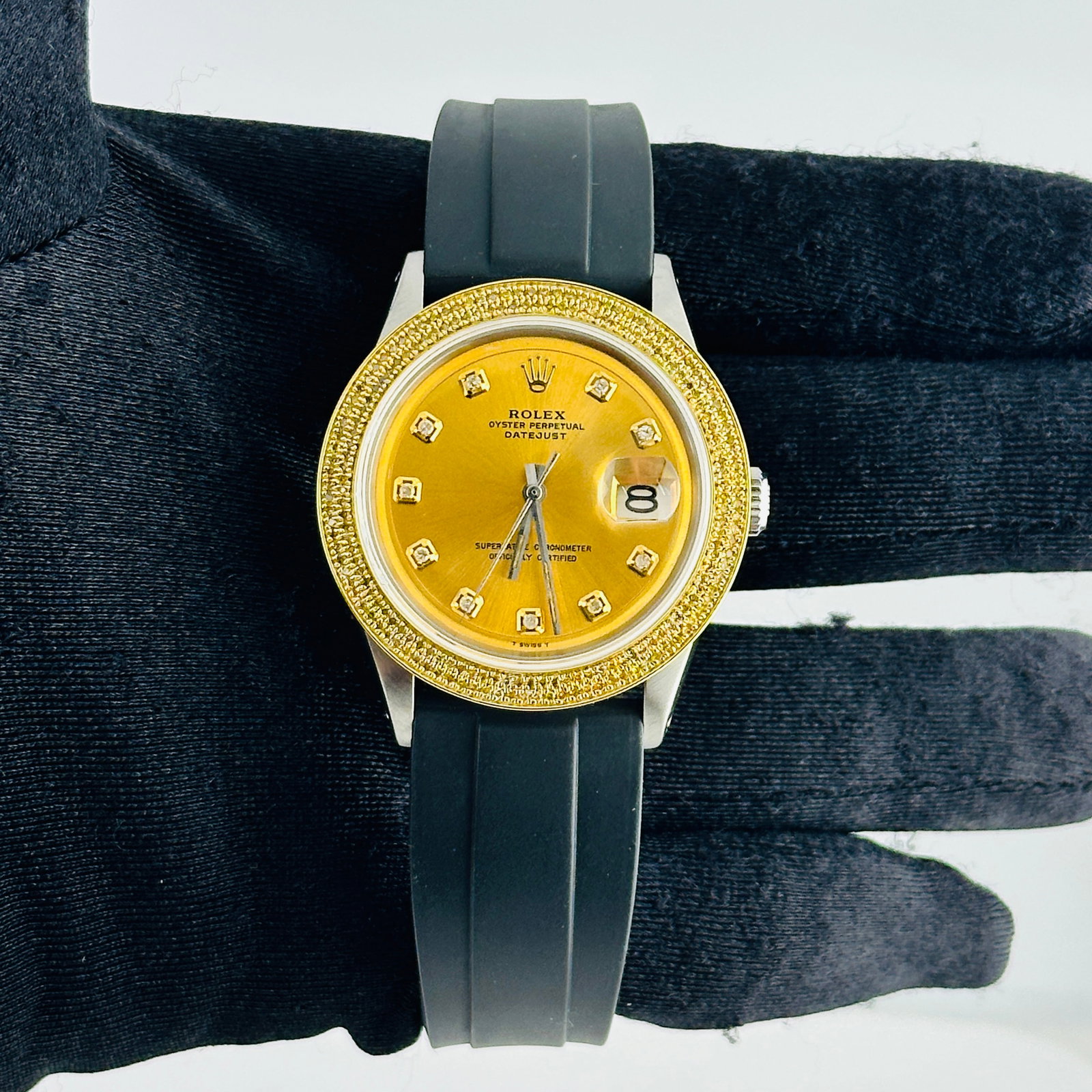 Rolex Datejust Diamond Dial Watch With Rubber Band and YG Plated Buckle Ref 1601: Rolex Datejust Diamond Dial Watch With Rubber Band and YG Plated Buckle Ref 1601 This men's Rolex Datejust features an aftermarket champagne and yellow diamond dial, complemented by a pave-plated two-