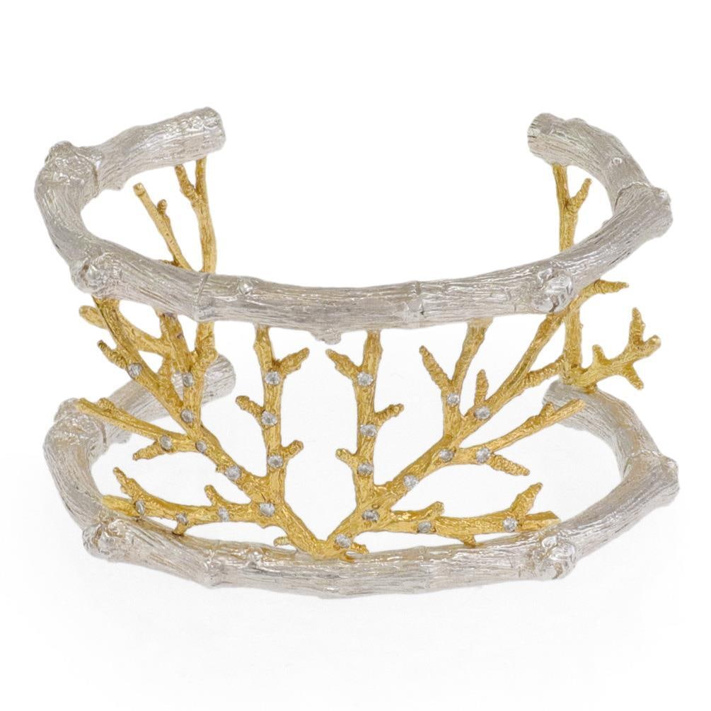 Michael Aram Enchanted Forest Cuff Bangle Sterling Silver 18k Gold Diamonds: Michael Aram Enchanted Forest Cuff Bangle Sterling Silver 18k Gold Diamonds This exquisite cuff bracelet from Michael Aram's Enchanted Forest Collection showcases a stunning design crafted from sterli